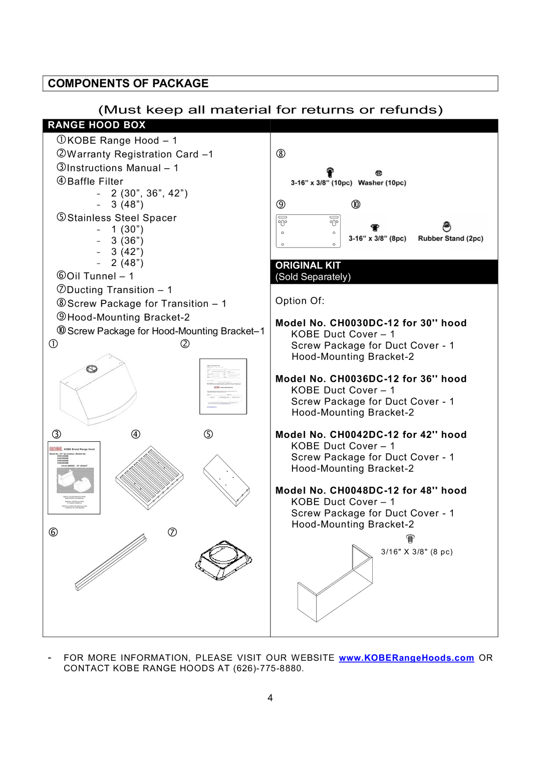 Kobe Range Hoods CH0348SQB, CH0336SQB, CH0342SQB, CH0330SQB installation instructions Components of Package 