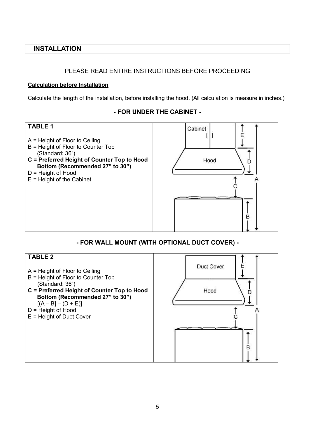 Kobe Range Hoods CH0330SQB, CH0348SQB, CH0336SQB, CH0342SQB installation instructions Calculation before Installation 