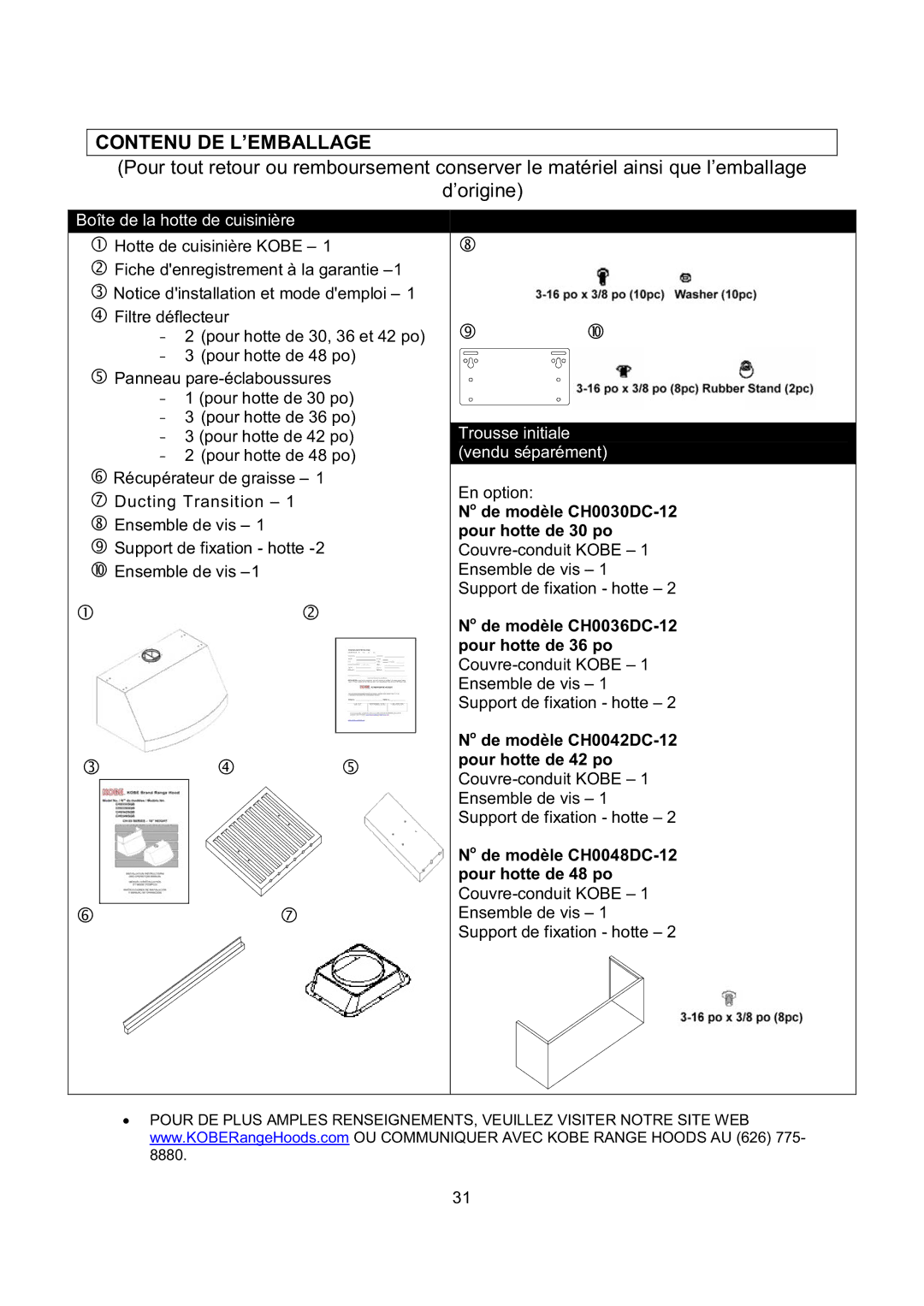 Kobe Range Hoods CH0330SQB, CH0348SQB, CH0336SQB, CH0342SQB installation instructions Contenu DE L’EMBALLAGE 