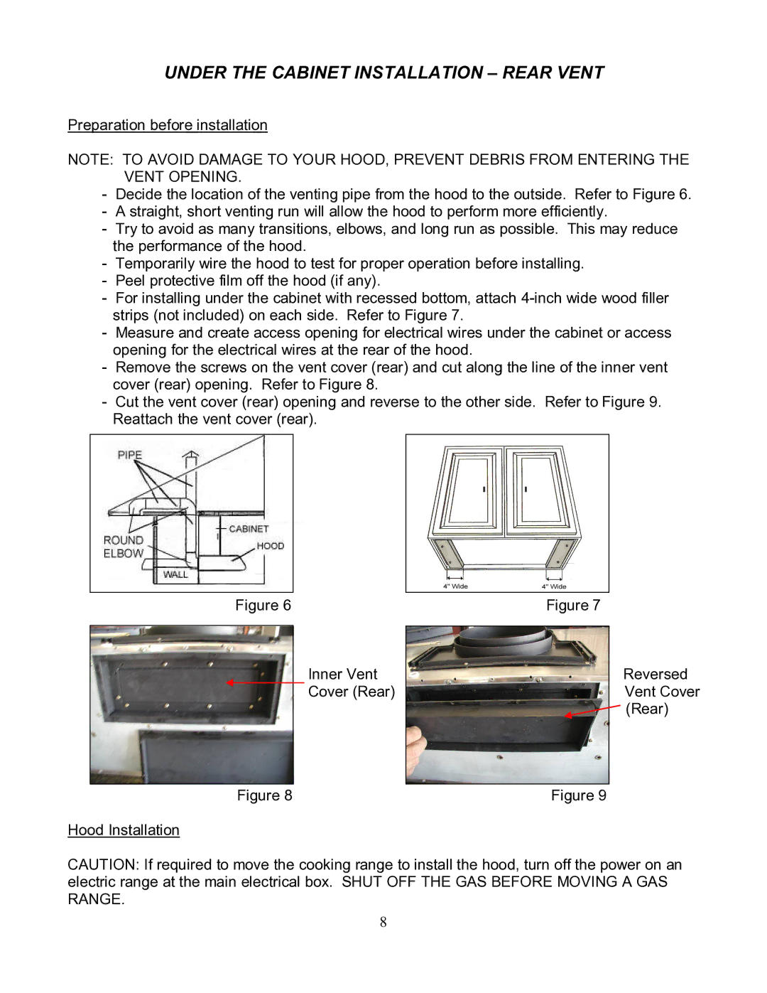 Kobe Range Hoods CH2236SQ, CH2230SQ manual Under the Cabinet Installation Rear Vent, Cover Rear, Hood Installation 