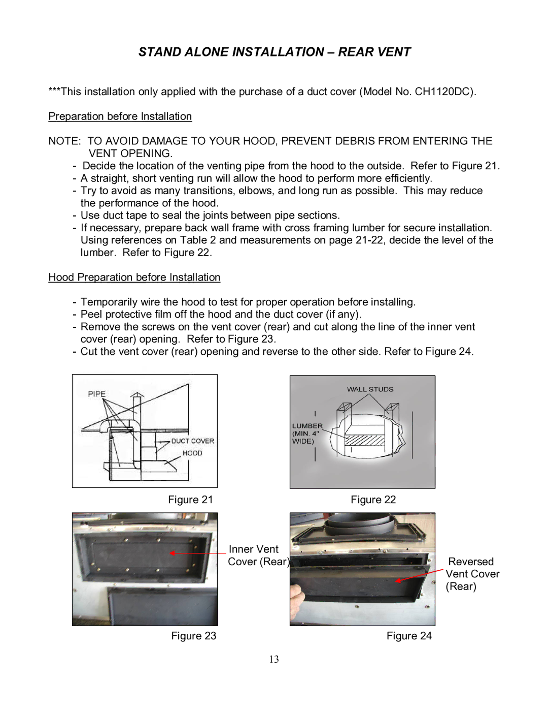 Kobe Range Hoods CH2230SQ, CH2236SQ manual Stand Alone Installation Rear Vent, Inner Vent Cover Rear 