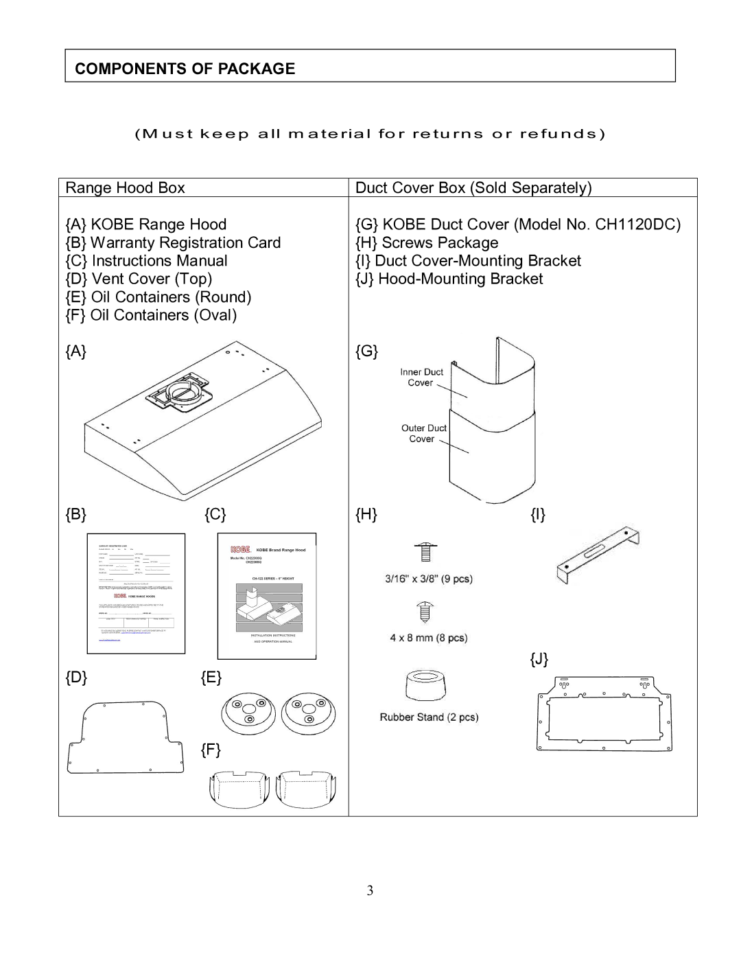 Kobe Range Hoods CH2230SQ, CH2236SQ manual Components of Package 