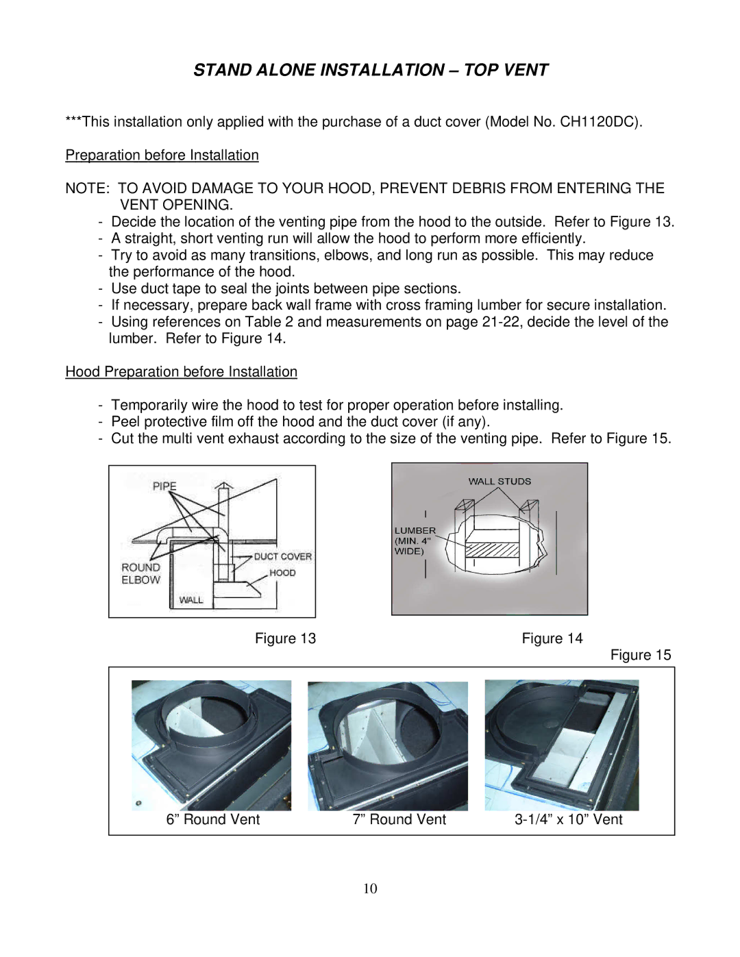 Kobe Range Hoods CH2236SQ, CH2230SQ installation instructions Stand Alone Installation TOP Vent 