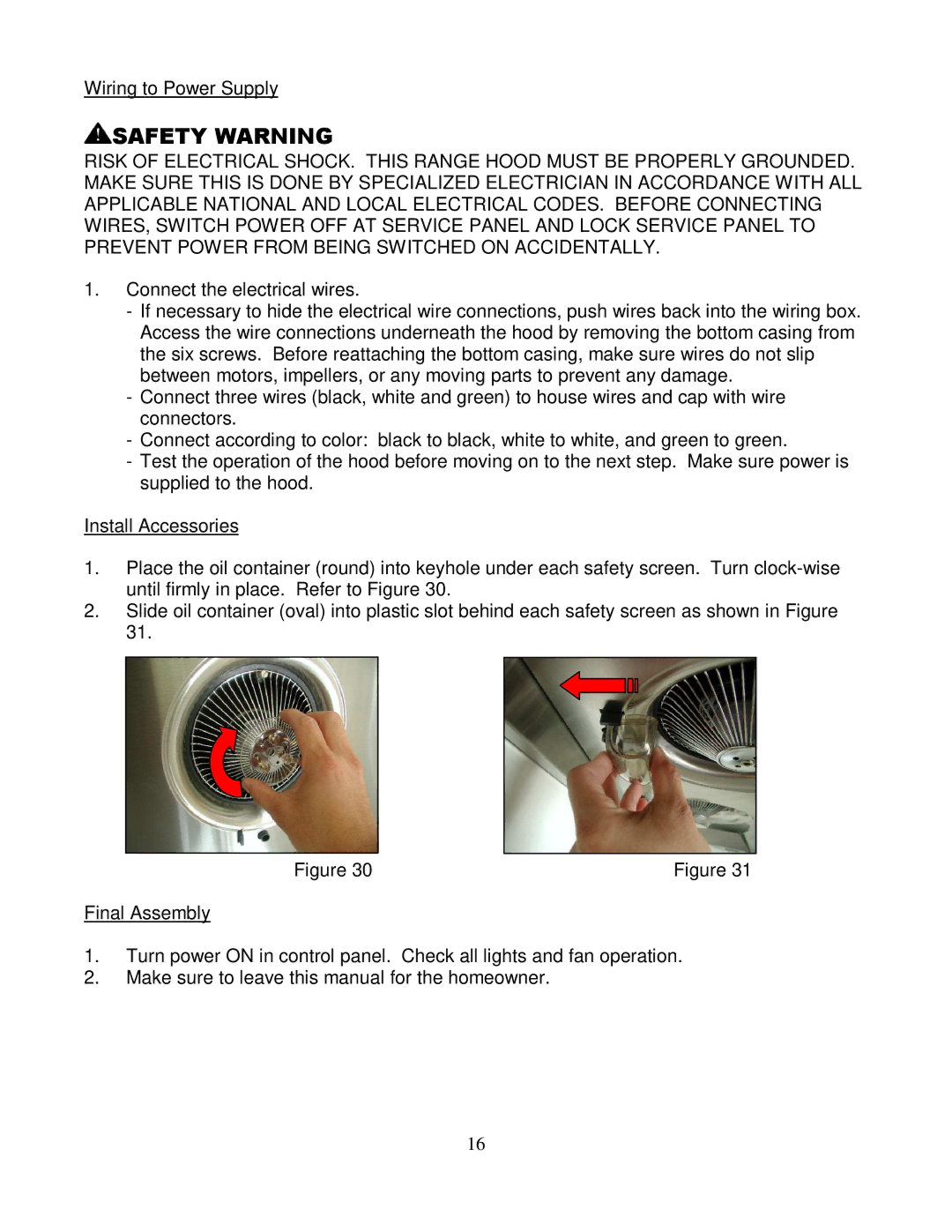 Kobe Range Hoods CH2236SQ, CH2230SQ installation instructions Wiring to Power Supply 