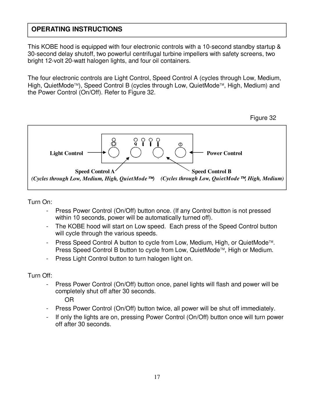 Kobe Range Hoods CH2230SQ, CH2236SQ installation instructions Operating Instructions 