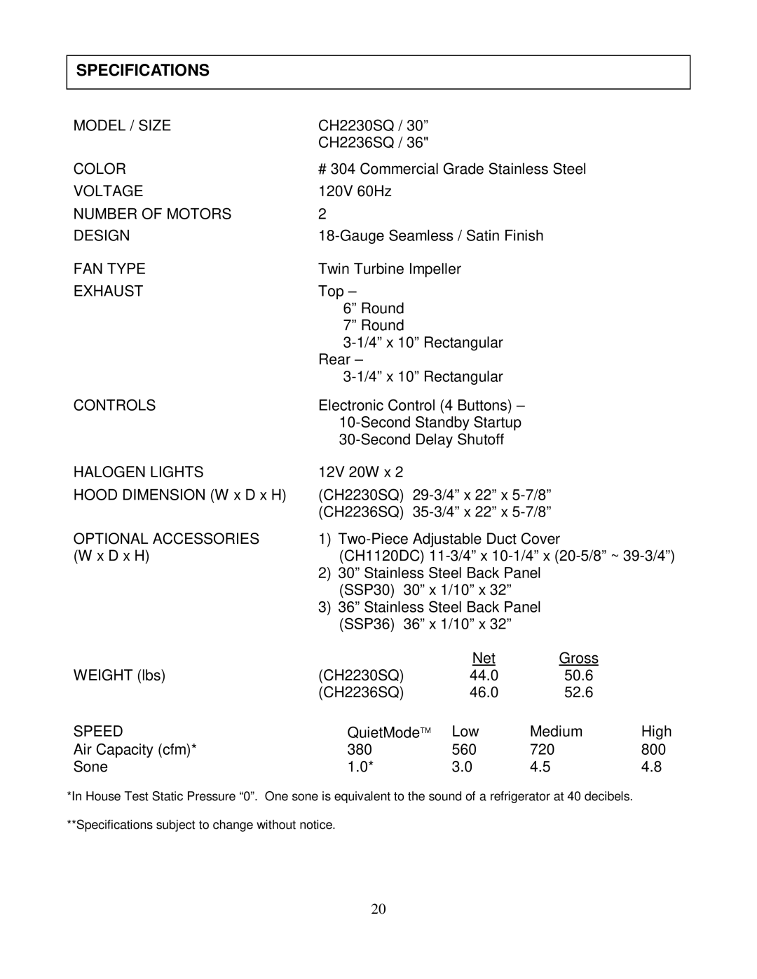 Kobe Range Hoods CH2236SQ, CH2230SQ installation instructions Specifications, Halogen Lights 