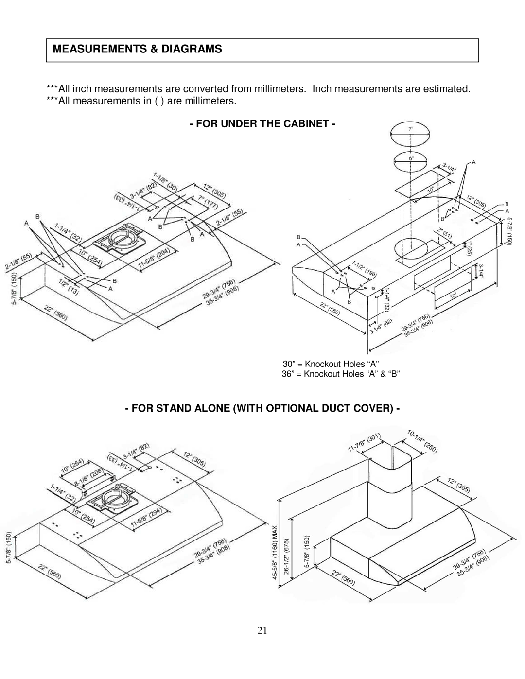 Kobe Range Hoods CH2230SQ, CH2236SQ installation instructions Measurements & Diagrams, For Under the Cabinet 