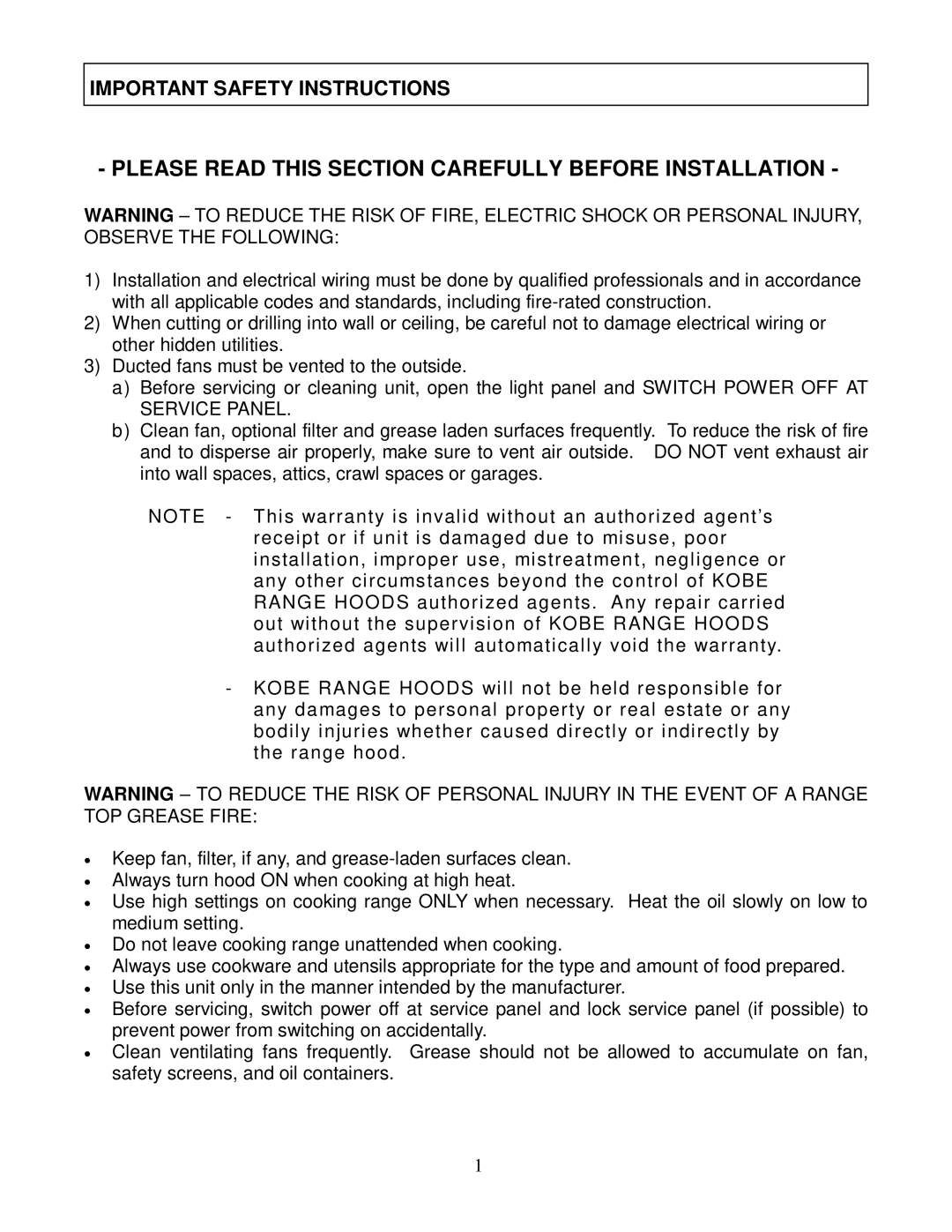 Kobe Range Hoods CH2230SQ, CH2236SQ Please Read this Section Carefully Before Installation, Important Safety Instructions 