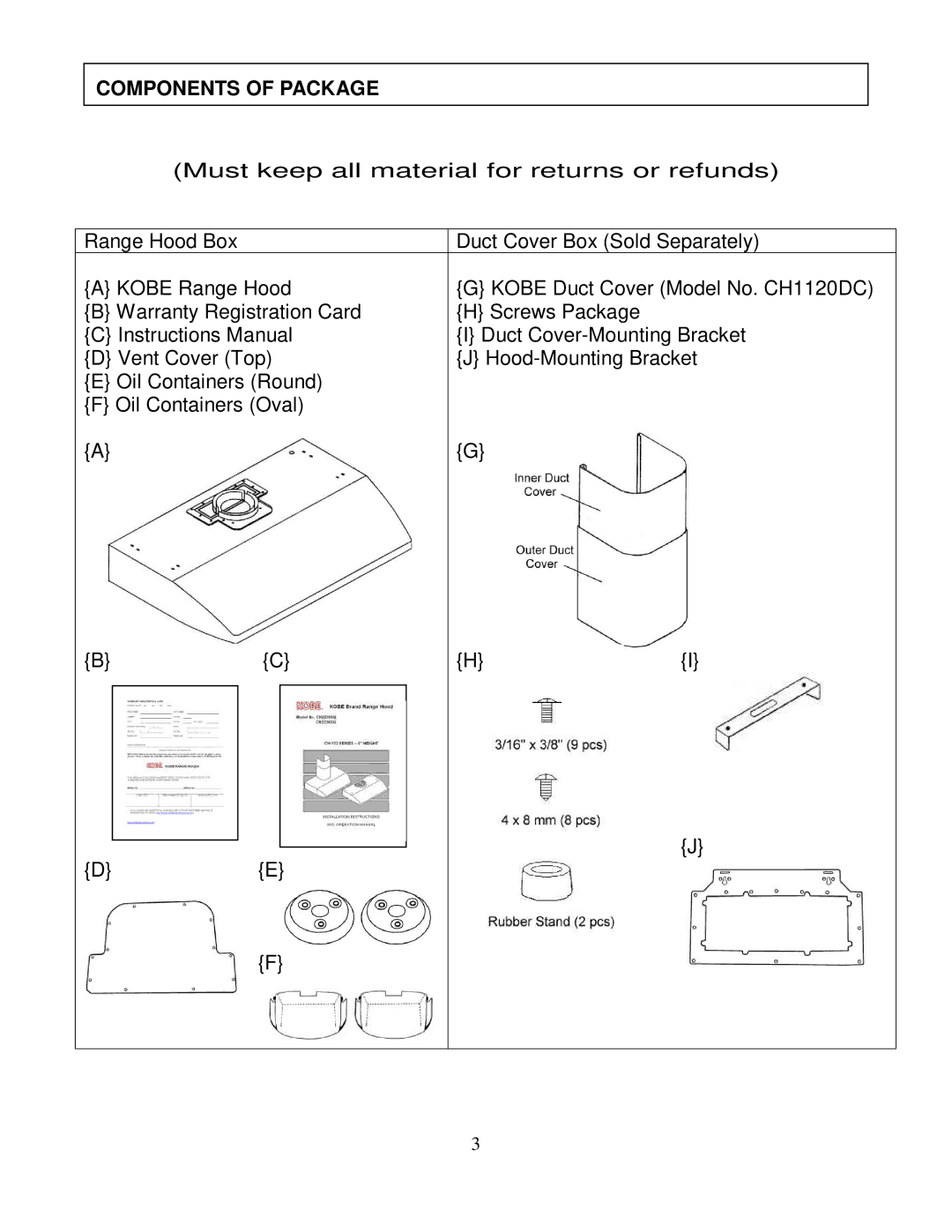 Kobe Range Hoods CH2230SQ, CH2236SQ installation instructions Components of Package 