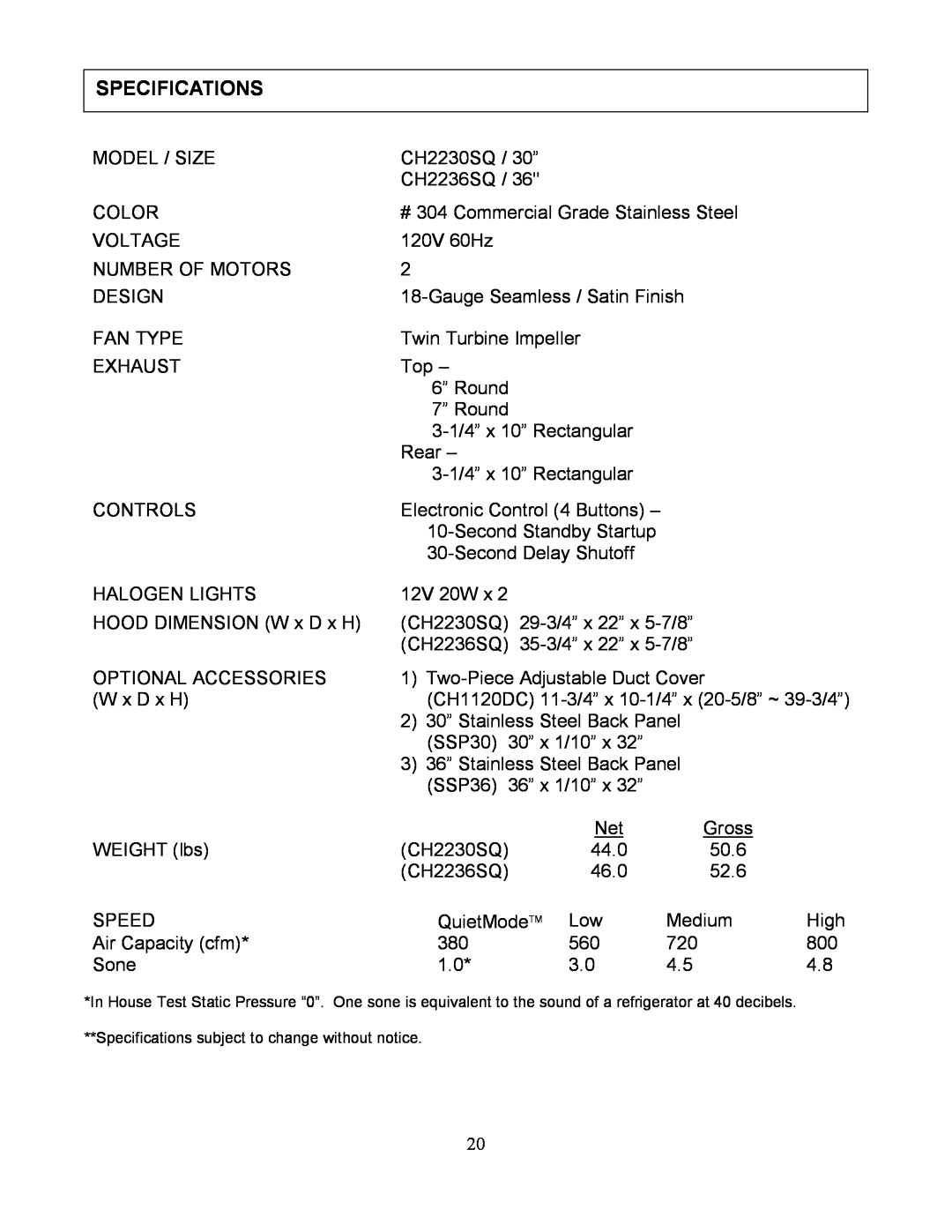 Kobe Range Hoods CH2236SQ, CH2230SQ manual Specifications 
