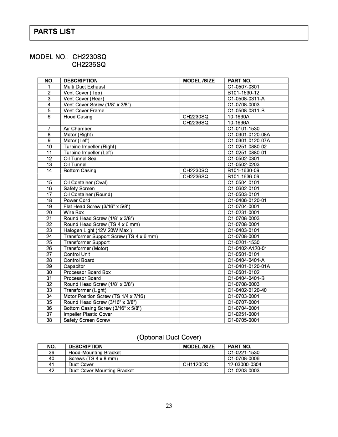 Kobe Range Hoods manual Parts List, MODEL NO. CH2230SQ CH2236SQ, Optional Duct Cover 