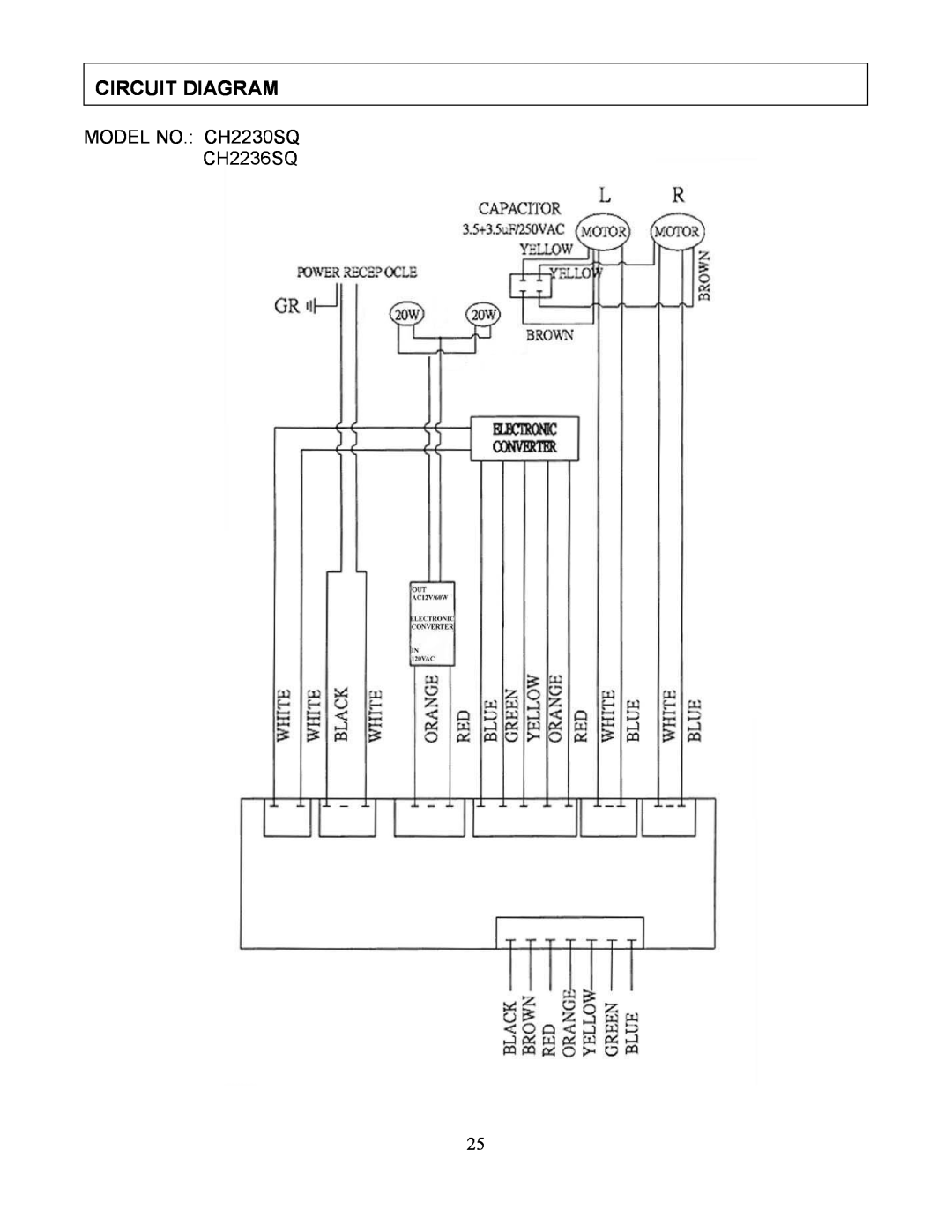 Kobe Range Hoods manual Circuit Diagram, MODEL NO. CH2230SQ CH2236SQ 