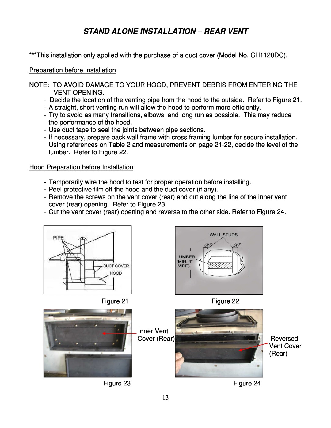 Kobe Range Hoods CH2230SQ, CH2236SQ installation instructions Stand Alone Installation - Rear Vent 