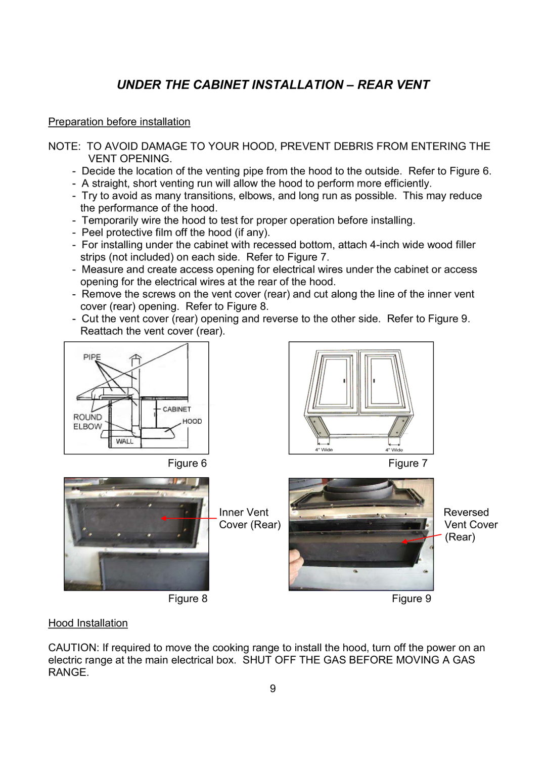 Kobe Range Hoods CH2742SQB, CH2730SQB, CH2748SQB, CH2736SQB installation instructions Under the Cabinet Installation Rear Vent 