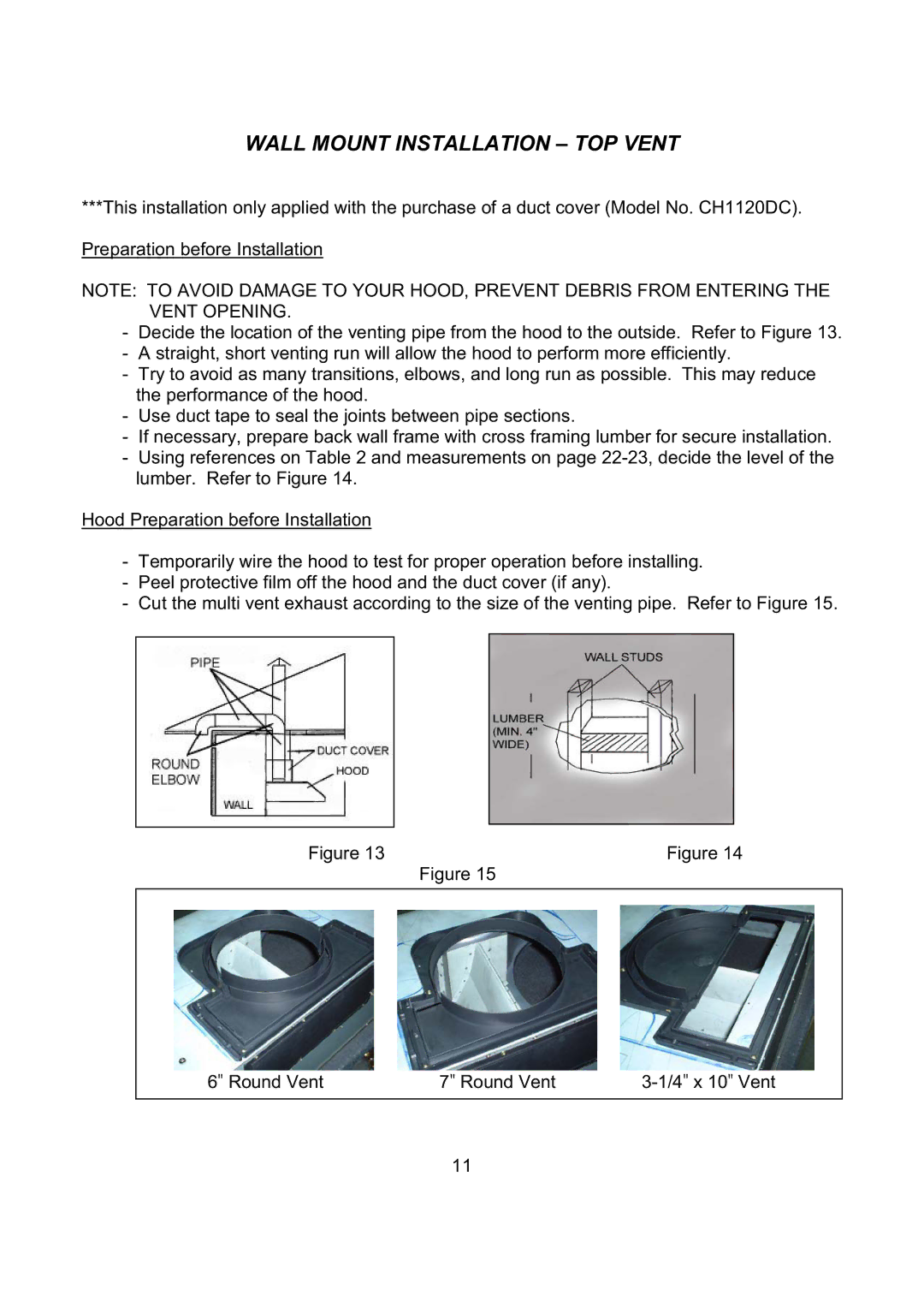 Kobe Range Hoods CH2748SQB, CH2730SQB, CH2736SQB, CH2742SQB installation instructions Wall Mount Installation TOP Vent 