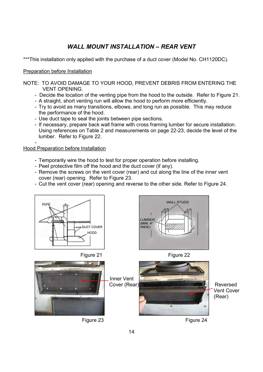 Kobe Range Hoods CH2730SQB, CH2748SQB, CH2736SQB, CH2742SQB installation instructions Wall Mount Installation Rear Vent 