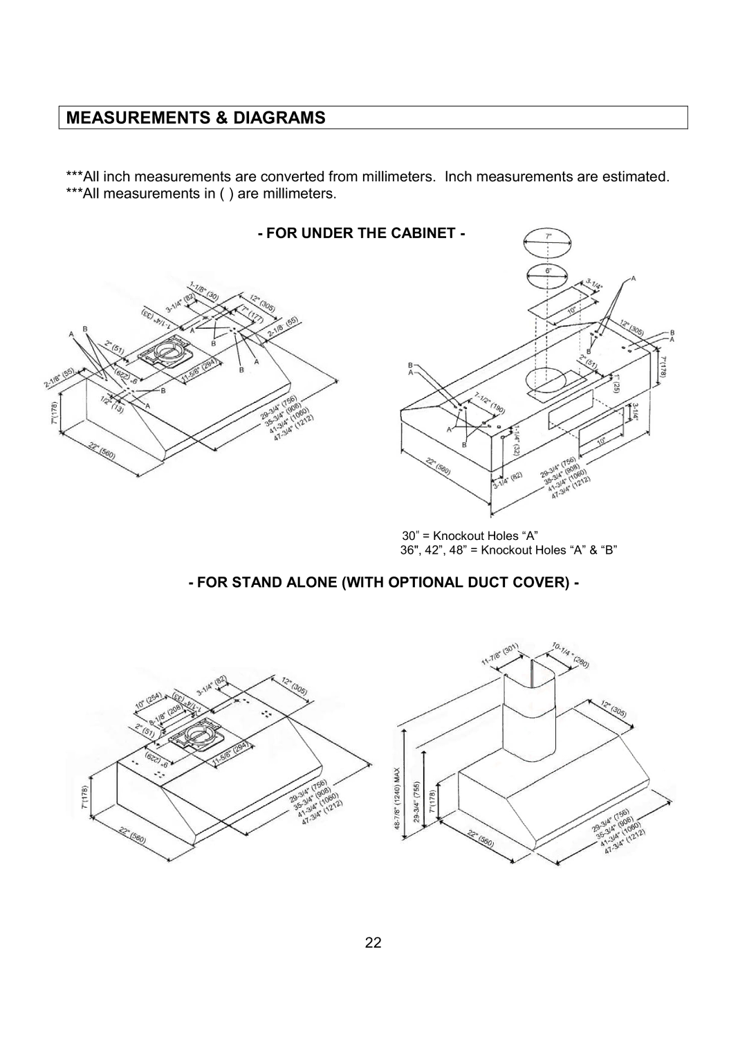 Kobe Range Hoods CH2730SQB, CH2748SQB, CH2736SQB Measurements & Diagrams, For Stand Alone with Optional Duct Cover 