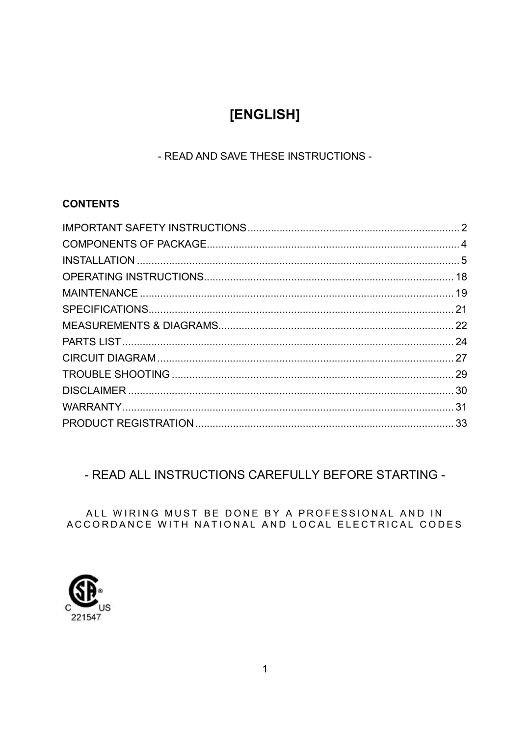 Kobe Range Hoods CH2742SQB, CH2730SQB, CH2748SQB, CH2736SQB installation instructions English, Contents 