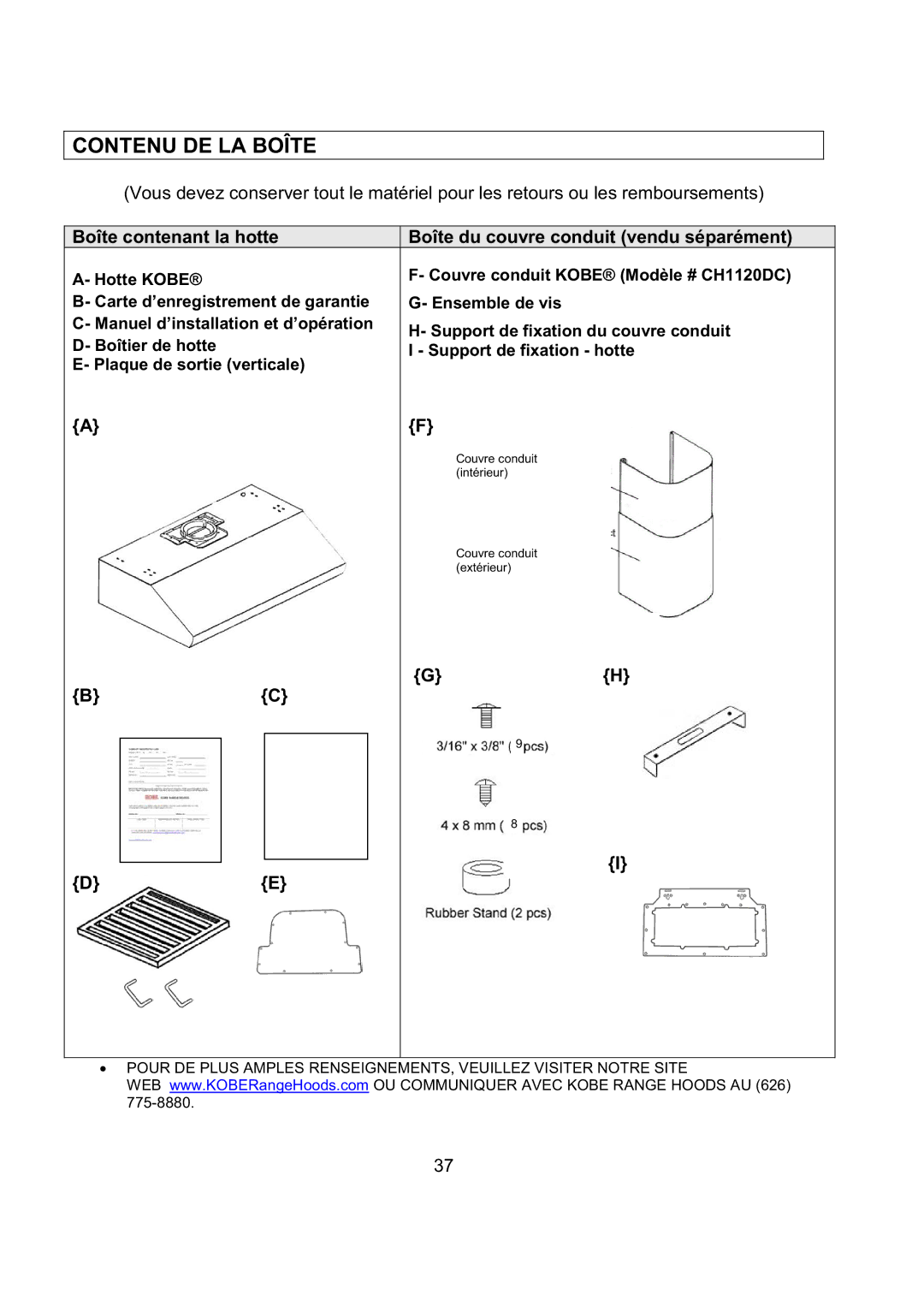 Kobe Range Hoods CH2742SQB, CH2730SQB, CH2748SQB, CH2736SQB installation instructions Contenu DE LA Boîte 