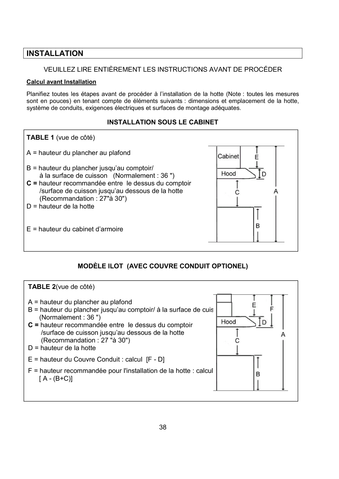 Kobe Range Hoods CH2730SQB, CH2748SQB, CH2736SQB Installation Sous LE Cabinet, Modèle Ilot Avec Couvre Conduit Optionel 