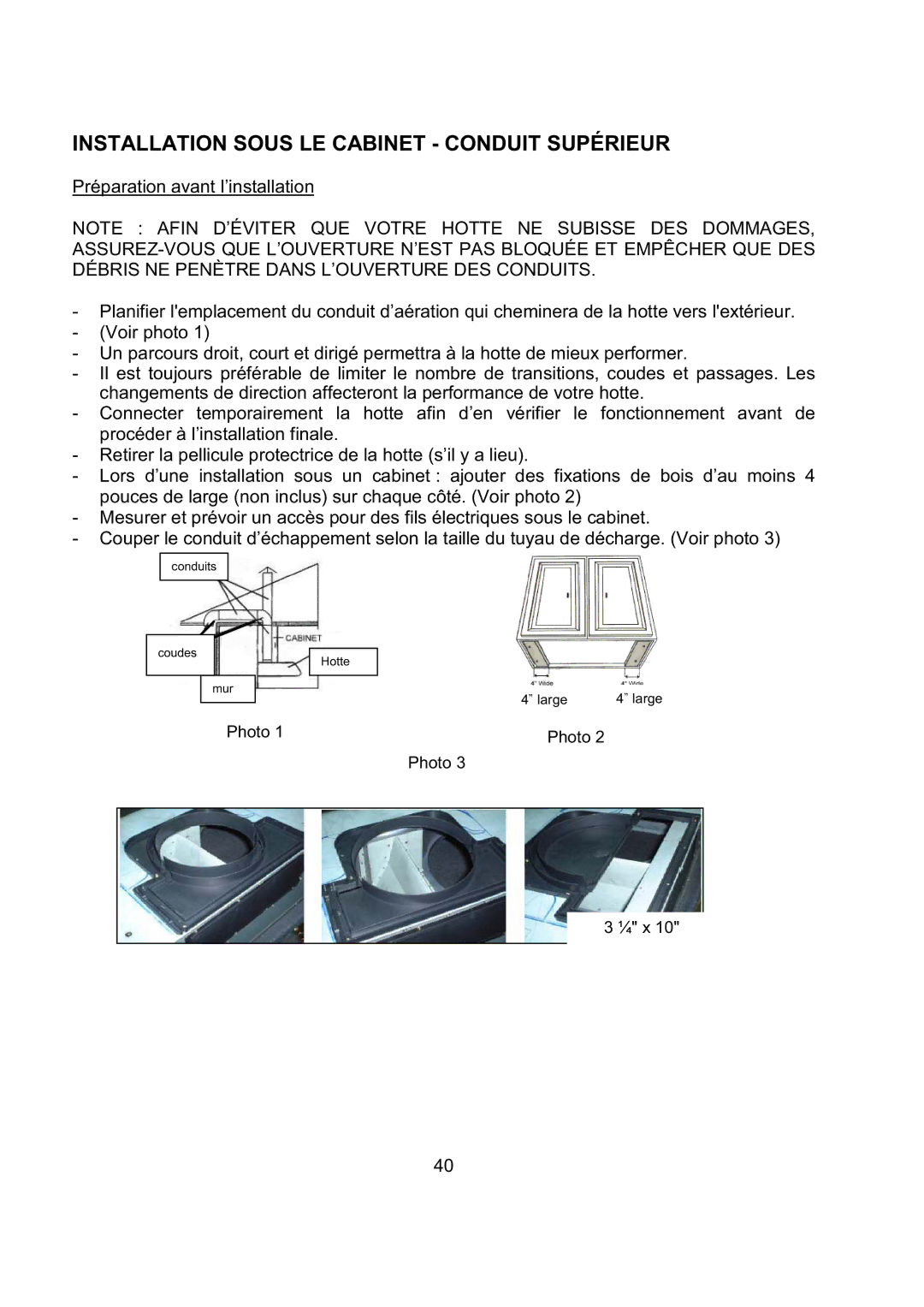 Kobe Range Hoods CH2736SQB, CH2730SQB, CH2748SQB, CH2742SQB Installation Sous LE Cabinet Conduit Supérieur 