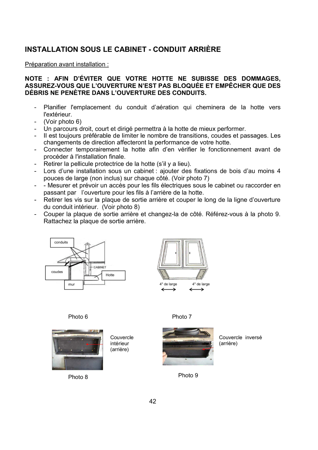 Kobe Range Hoods CH2730SQB, CH2748SQB, CH2736SQB, CH2742SQB Installation Sous LE Cabinet Conduit Arrière 