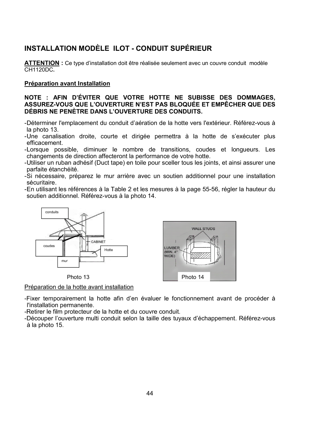 Kobe Range Hoods CH2736SQB, CH2730SQB, CH2748SQB Installation Modèle Ilot Conduit Supérieur, Préparation avant Installation 