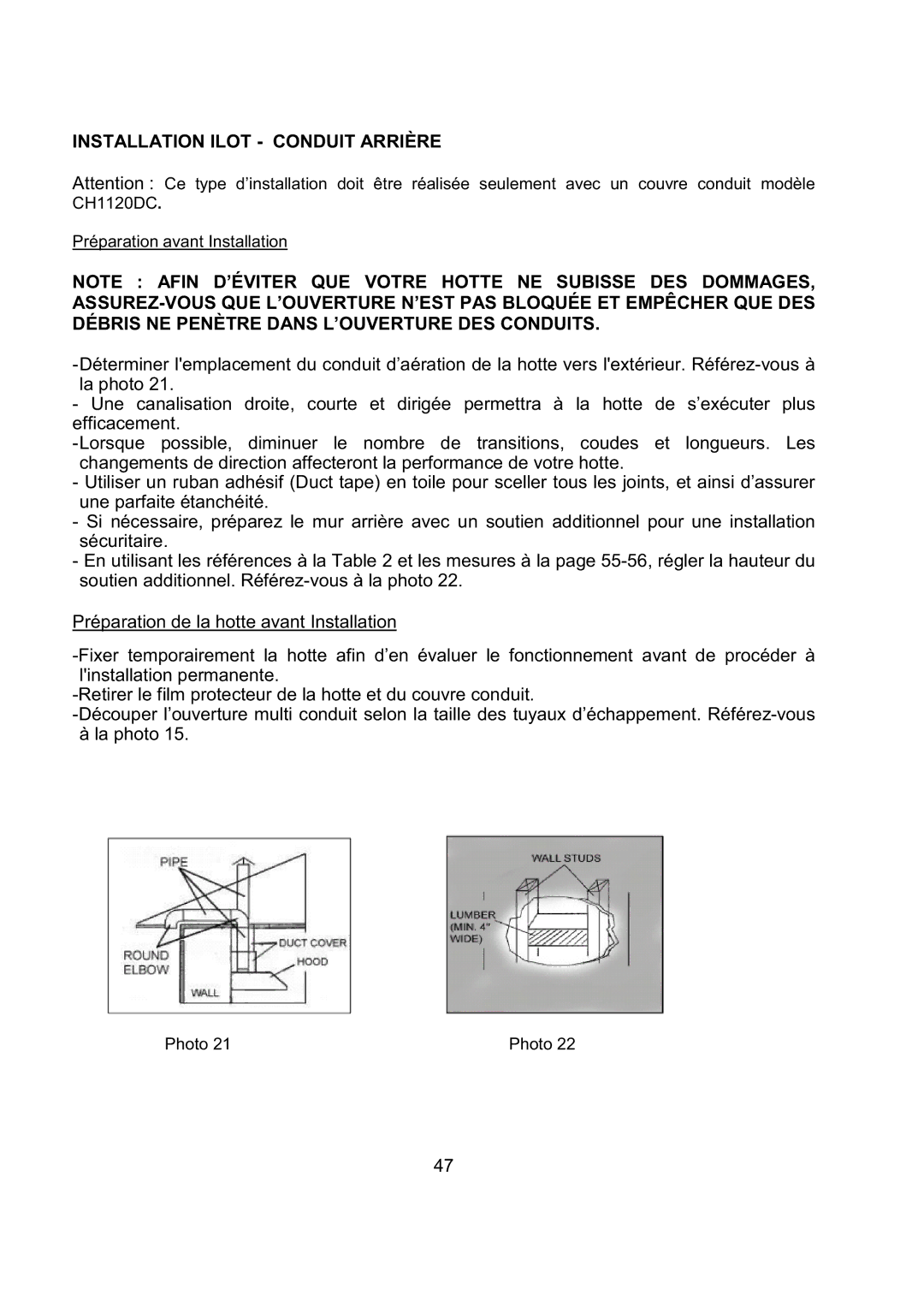 Kobe Range Hoods CH2748SQB, CH2730SQB, CH2736SQB, CH2742SQB installation instructions Installation Ilot Conduit Arrière 