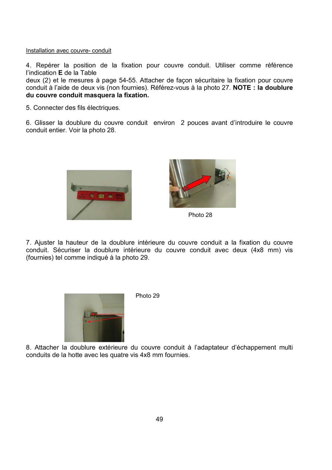 Kobe Range Hoods CH2742SQB, CH2730SQB, CH2748SQB, CH2736SQB installation instructions Installation avec couvre- conduit 