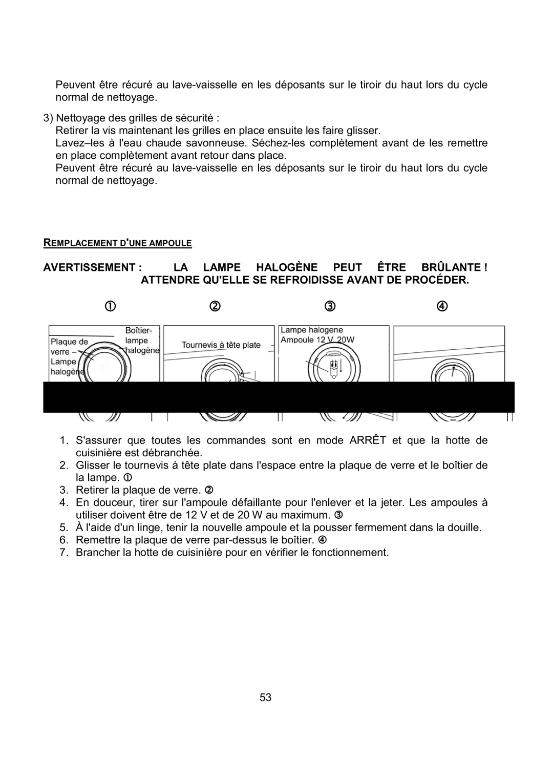 Kobe Range Hoods CH2742SQB, CH2730SQB, CH2748SQB, CH2736SQB installation instructions Remplacement Dune Ampoule 