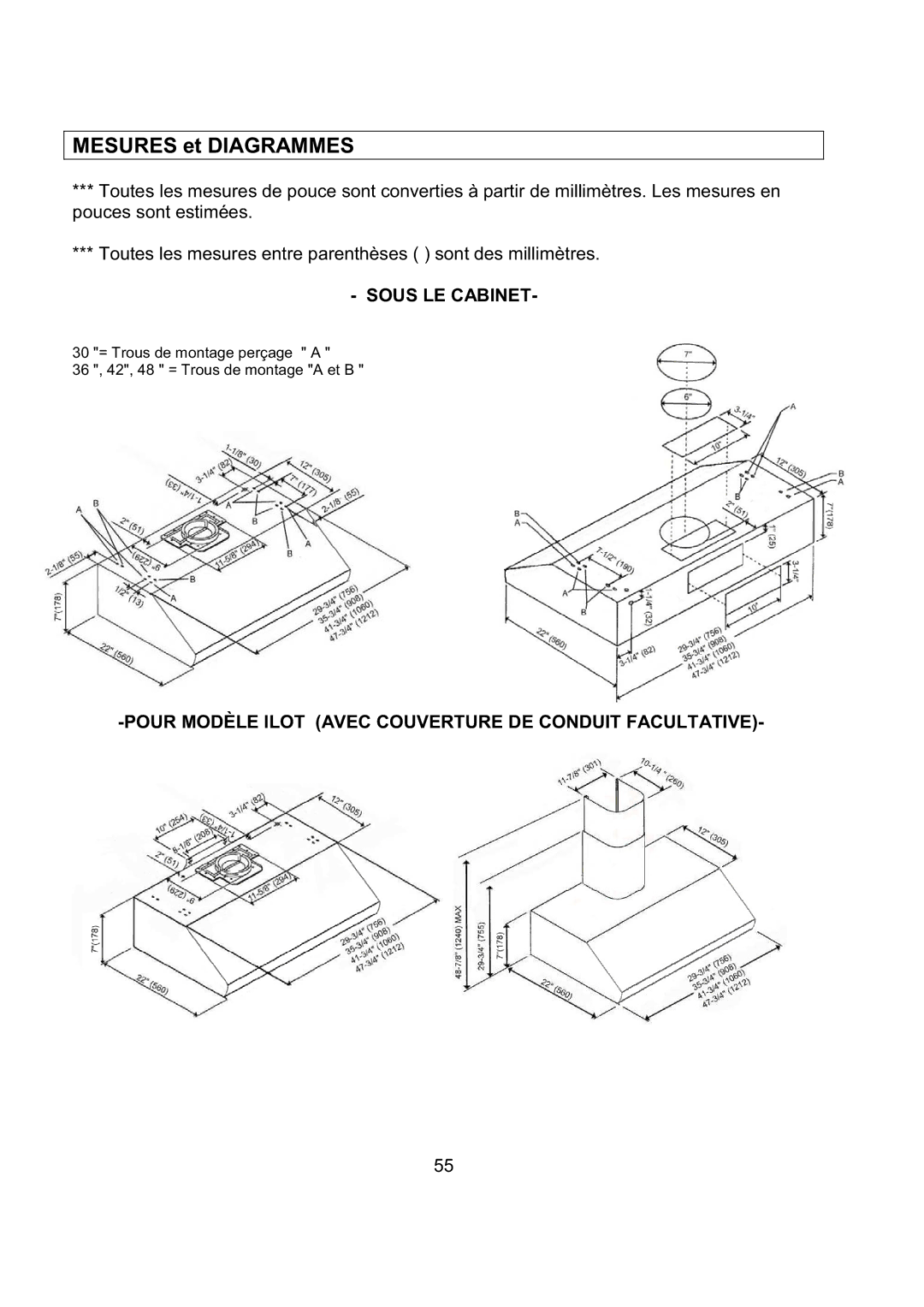 Kobe Range Hoods CH2748SQB, CH2730SQB Mesures et Diagrammes, Pour Modèle Ilot Avec Couverture DE Conduit Facultative 