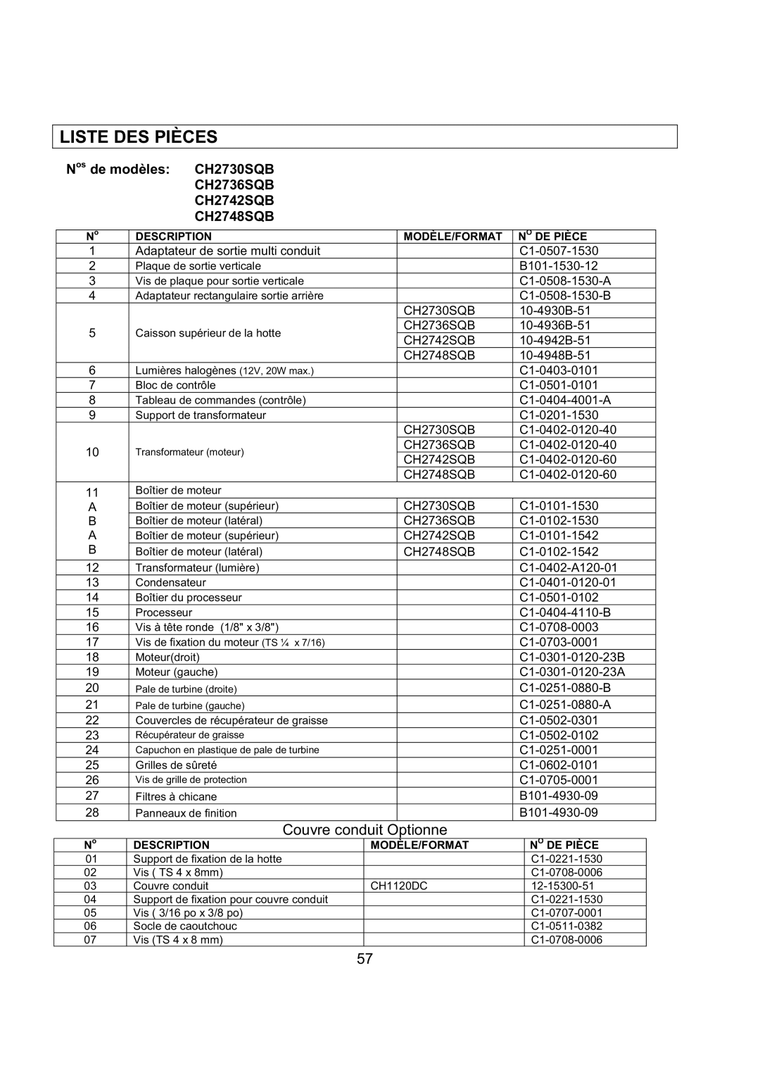 Kobe Range Hoods CH2730SQB installation instructions Liste DES Pièces, CH2736SQB CH2742SQB CH2748SQB 