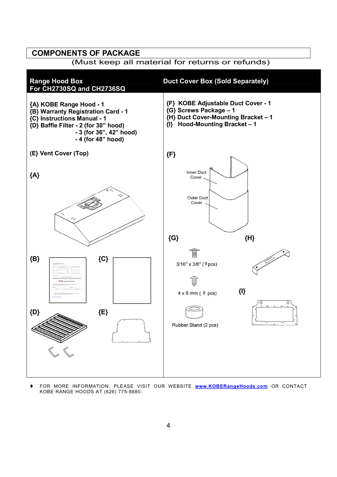 Kobe Range Hoods CH2736SQB, CH2730SQB, CH2748SQB, CH2742SQB installation instructions Components of Package 