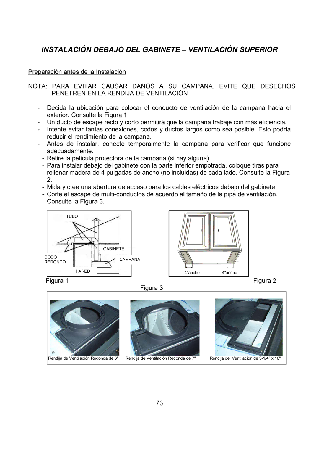 Kobe Range Hoods CH2742SQB, CH2730SQB, CH2748SQB, CH2736SQB Instalación Debajo DEL Gabinete Ventilación Superior 