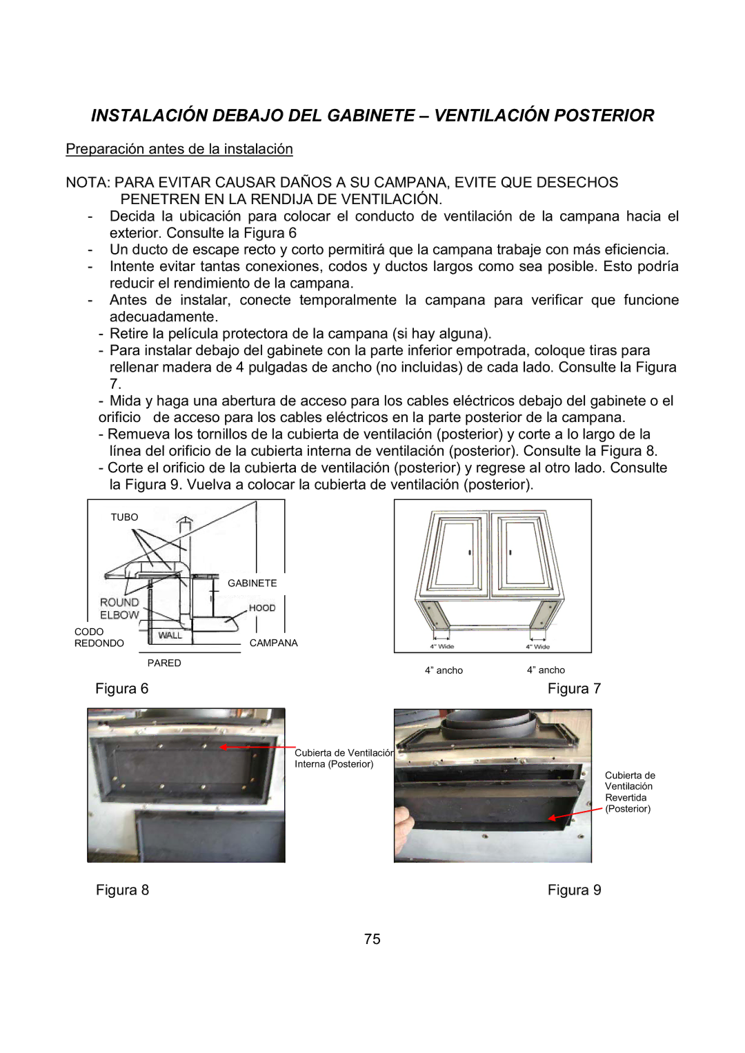 Kobe Range Hoods CH2748SQB, CH2730SQB, CH2736SQB, CH2742SQB Instalación Debajo DEL Gabinete Ventilación Posterior 