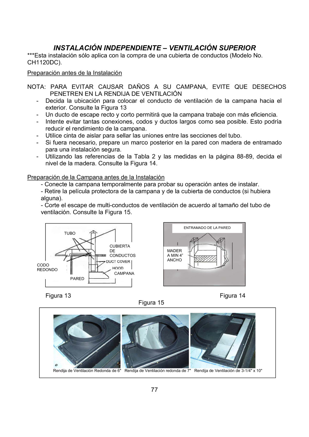 Kobe Range Hoods CH2742SQB, CH2730SQB, CH2748SQB, CH2736SQB Instalación Independiente Ventilación Superior 