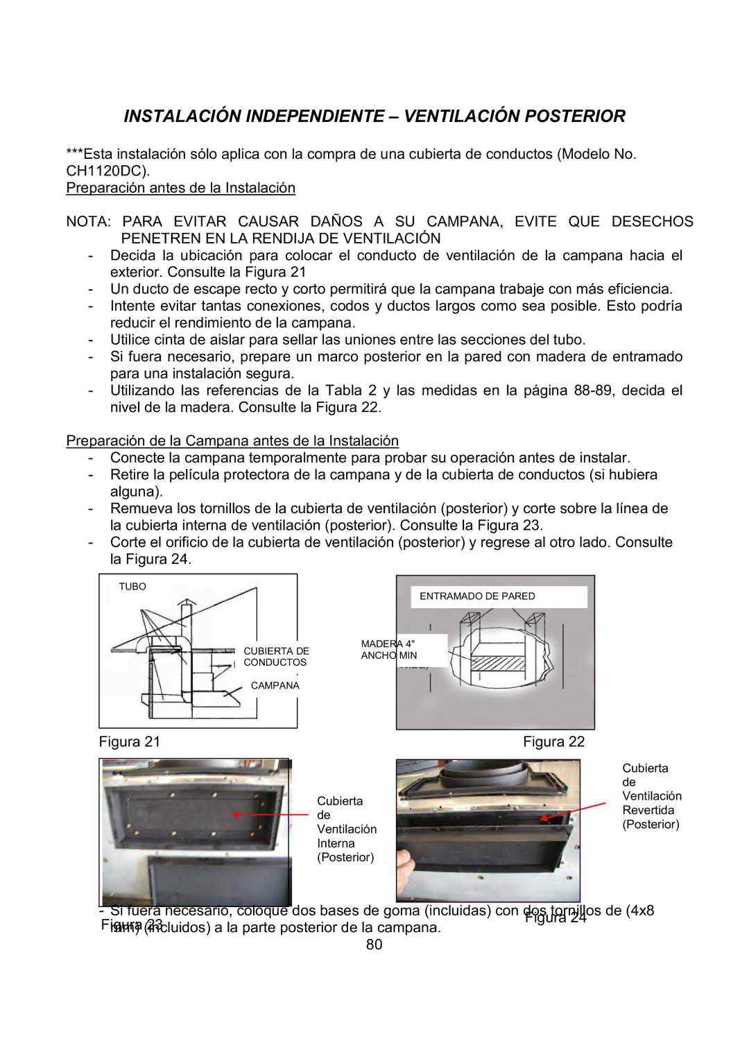 Kobe Range Hoods CH2736SQB, CH2730SQB, CH2748SQB, CH2742SQB Instalación Independiente Ventilación Posterior 