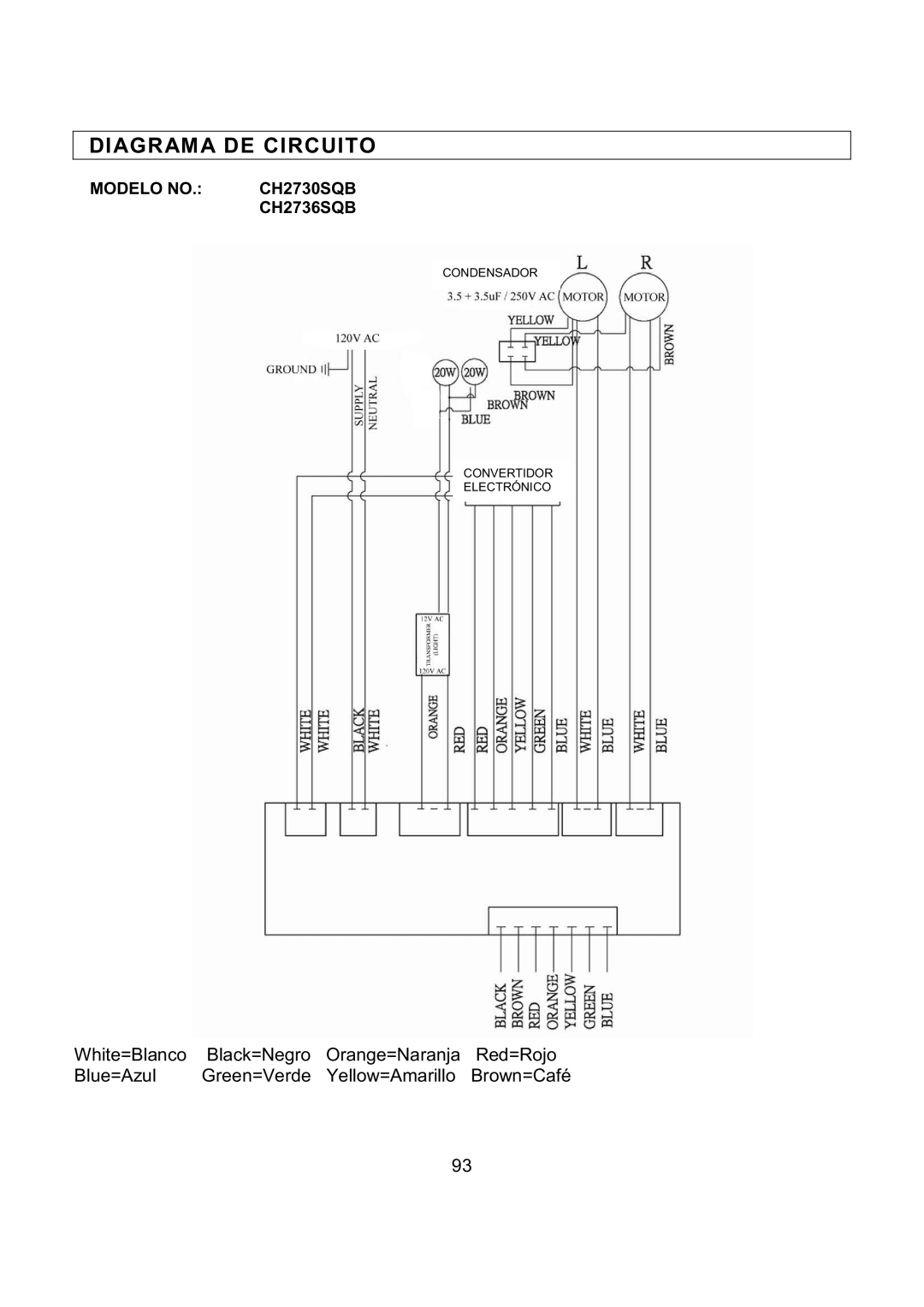 Kobe Range Hoods CH2742SQB, CH2730SQB, CH2748SQB, CH2736SQB installation instructions Diagrama DE Circuito 