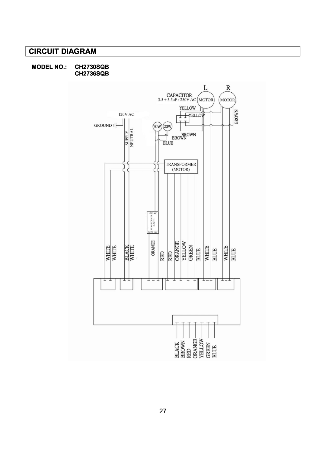 Kobe Range Hoods CH2748SQB, CH2742SQB installation instructions Circuit Diagram, MODEL NO. CH2730SQB CH2736SQB 