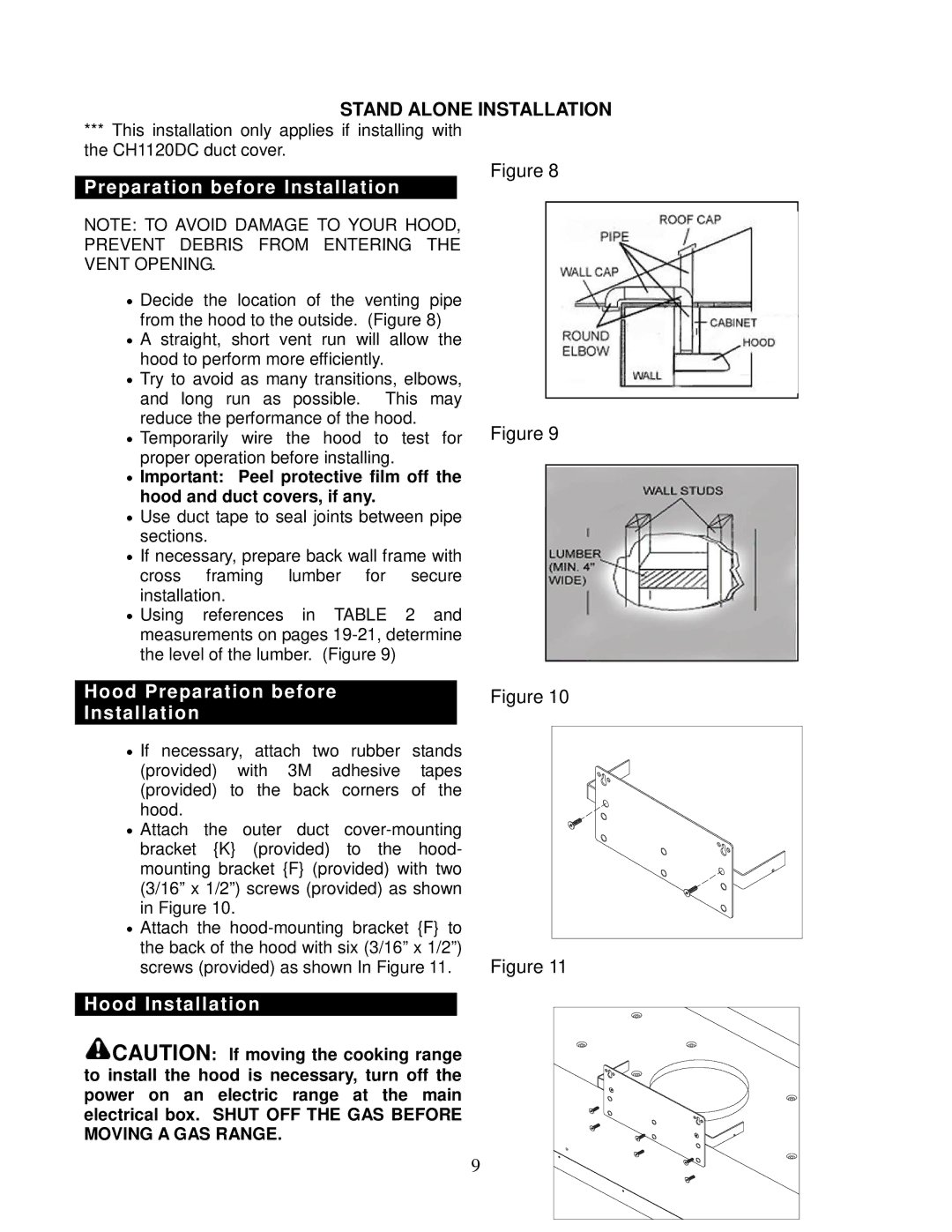 Kobe Range Hoods CH7630SQB, CH7642SQB, CH7648SQB, CH7636SQB installation instructions Hood Preparation before Installation 