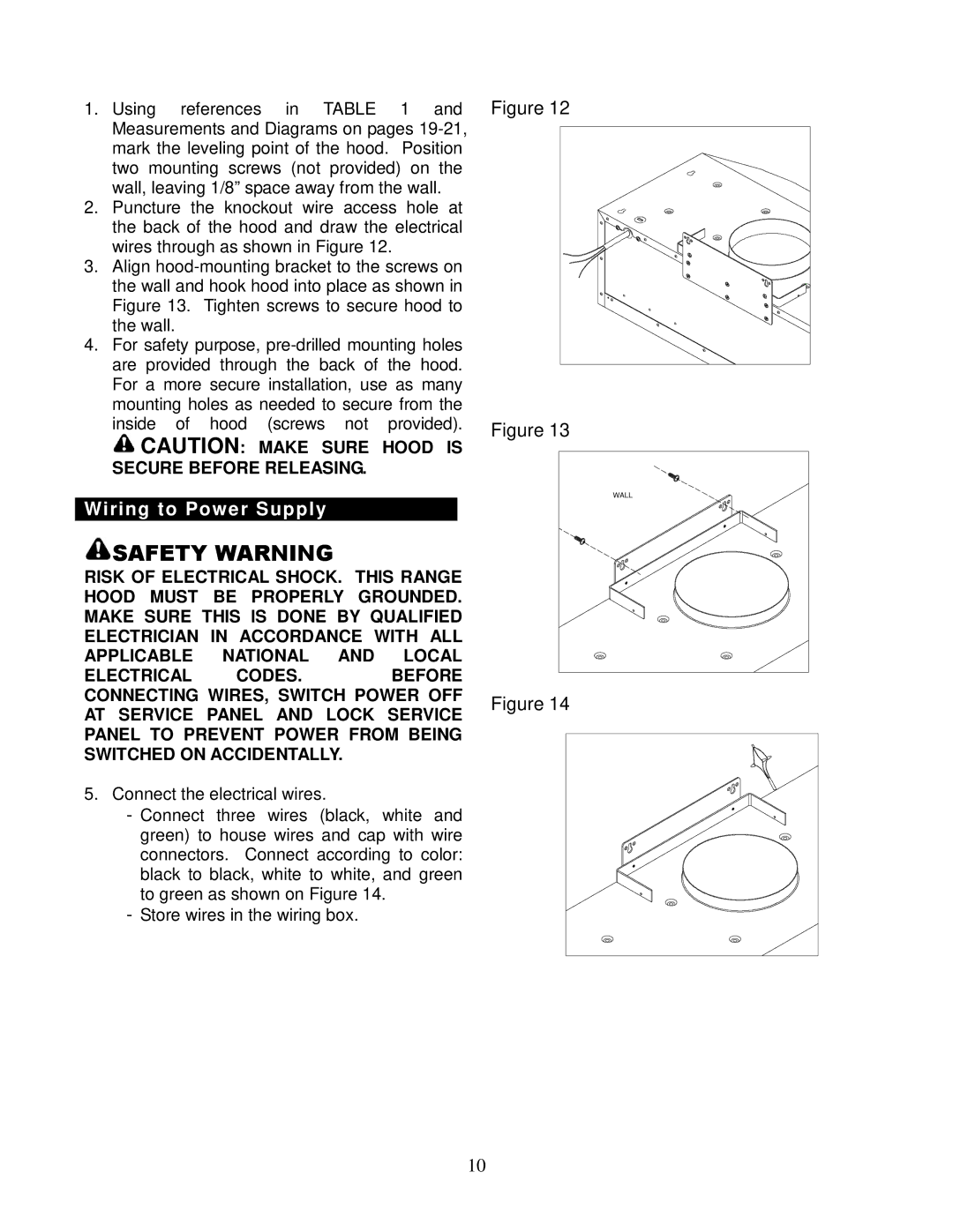 Kobe Range Hoods CH7642SQB, CH7648SQB, CH7636SQB, CH7630SQB installation instructions Wall 