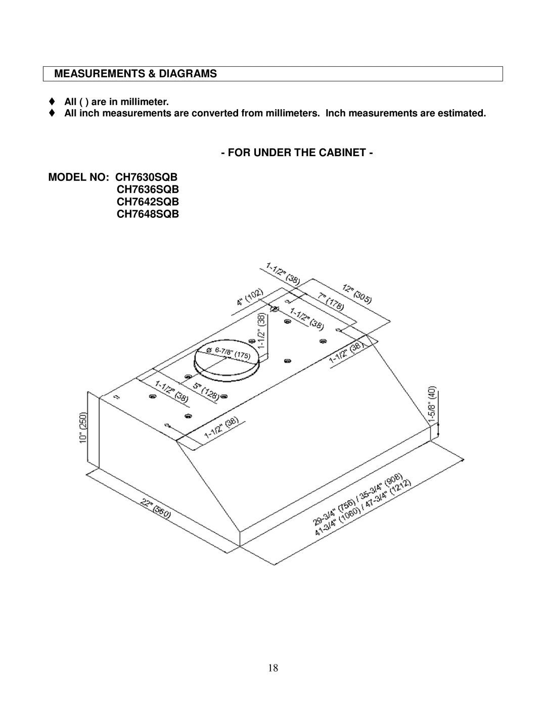 Kobe Range Hoods CH7642SQB, CH7648SQB, CH7636SQB, CH7630SQB installation instructions Measurements & Diagrams 