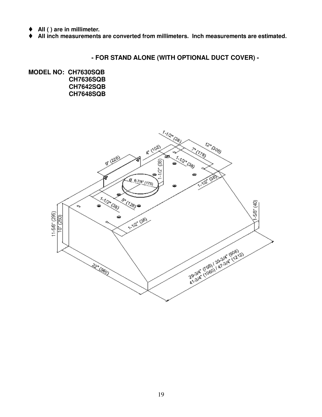 Kobe Range Hoods CH7648SQB, CH7642SQB, CH7636SQB, CH7630SQB installation instructions 