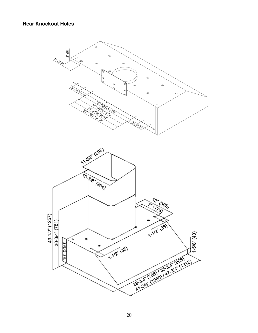 Kobe Range Hoods CH7636SQB, CH7642SQB, CH7648SQB, CH7630SQB installation instructions Rear Knockout Holes 