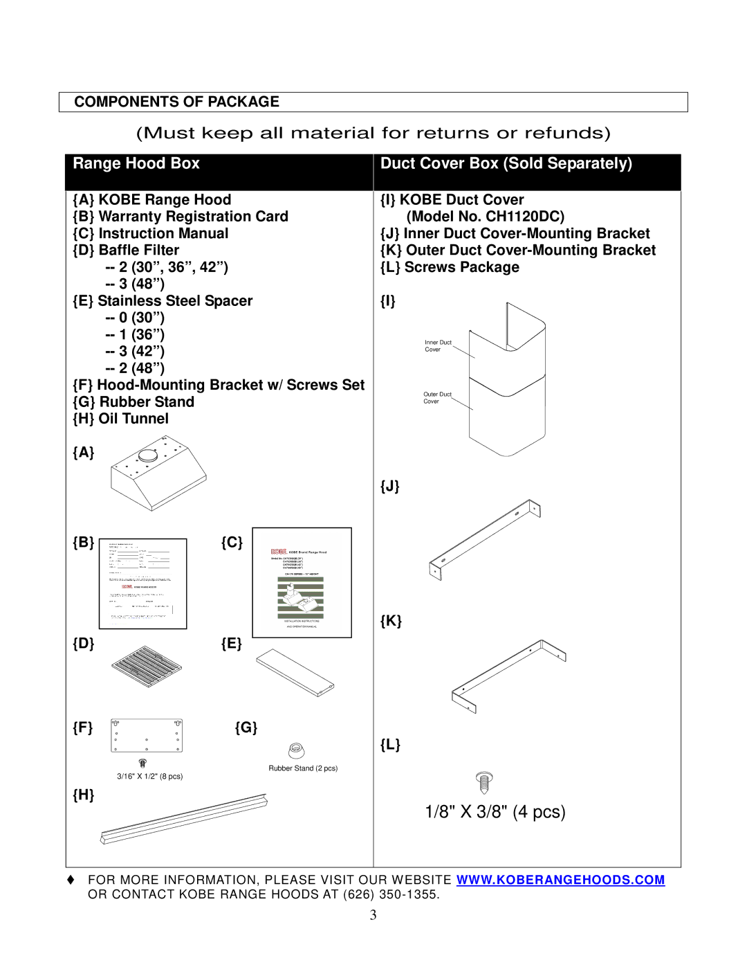 Kobe Range Hoods CH7648SQB, CH7642SQB, CH7636SQB, CH7630SQB installation instructions X 3/8 4 pcs 