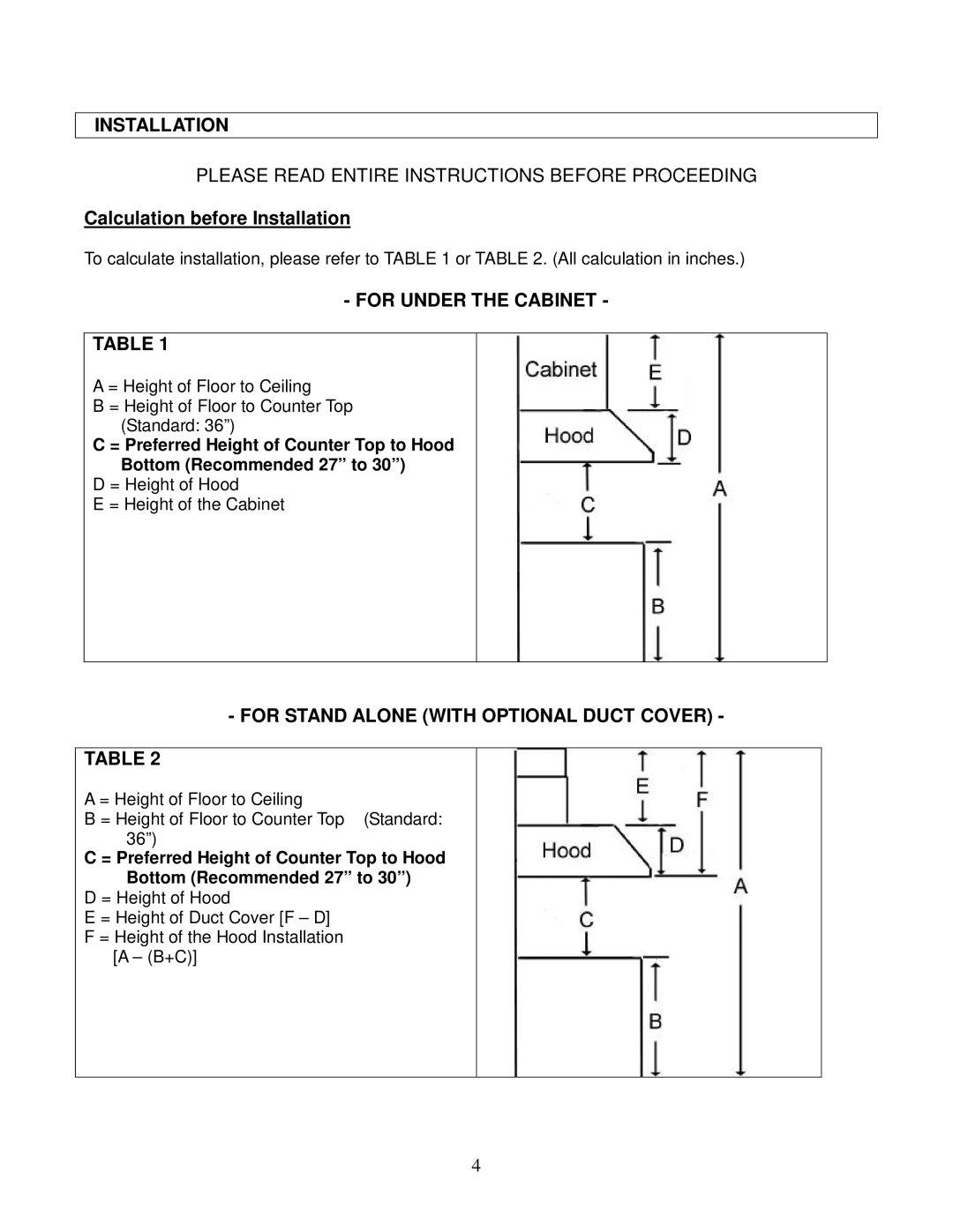 Kobe Range Hoods CH7636SQB, CH7642SQB, CH7648SQB, CH7630SQB installation instructions For Under the Cabinet 