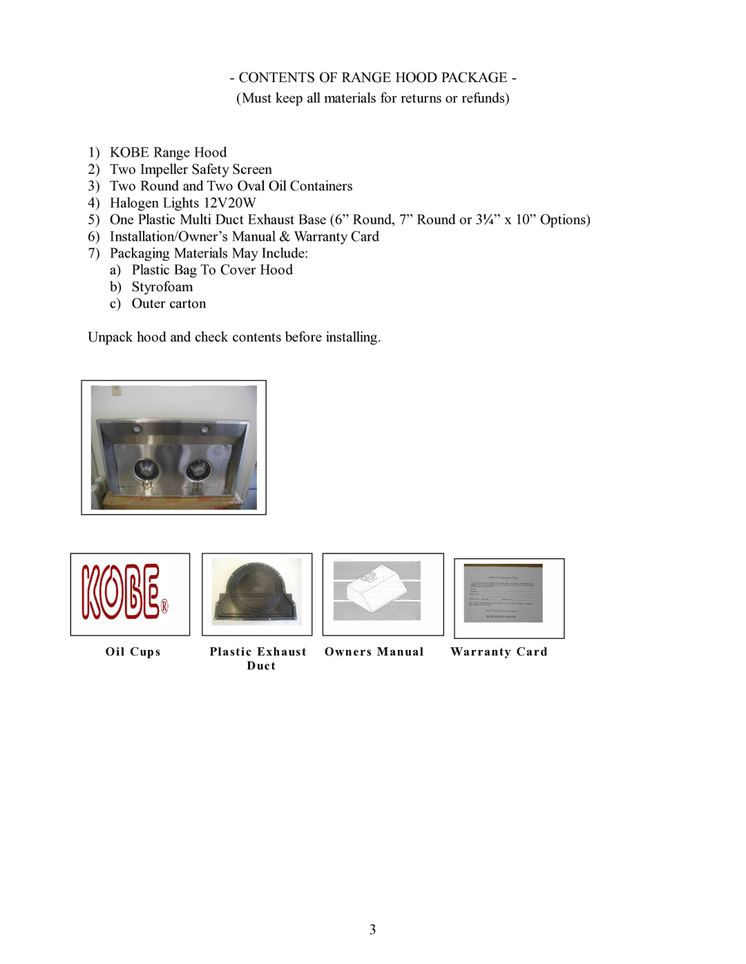 Kobe Range Hoods CH7736SQ, CH7730SQ, CH7748SQ, CH7742SQ manual Contents of Range Hood Package 