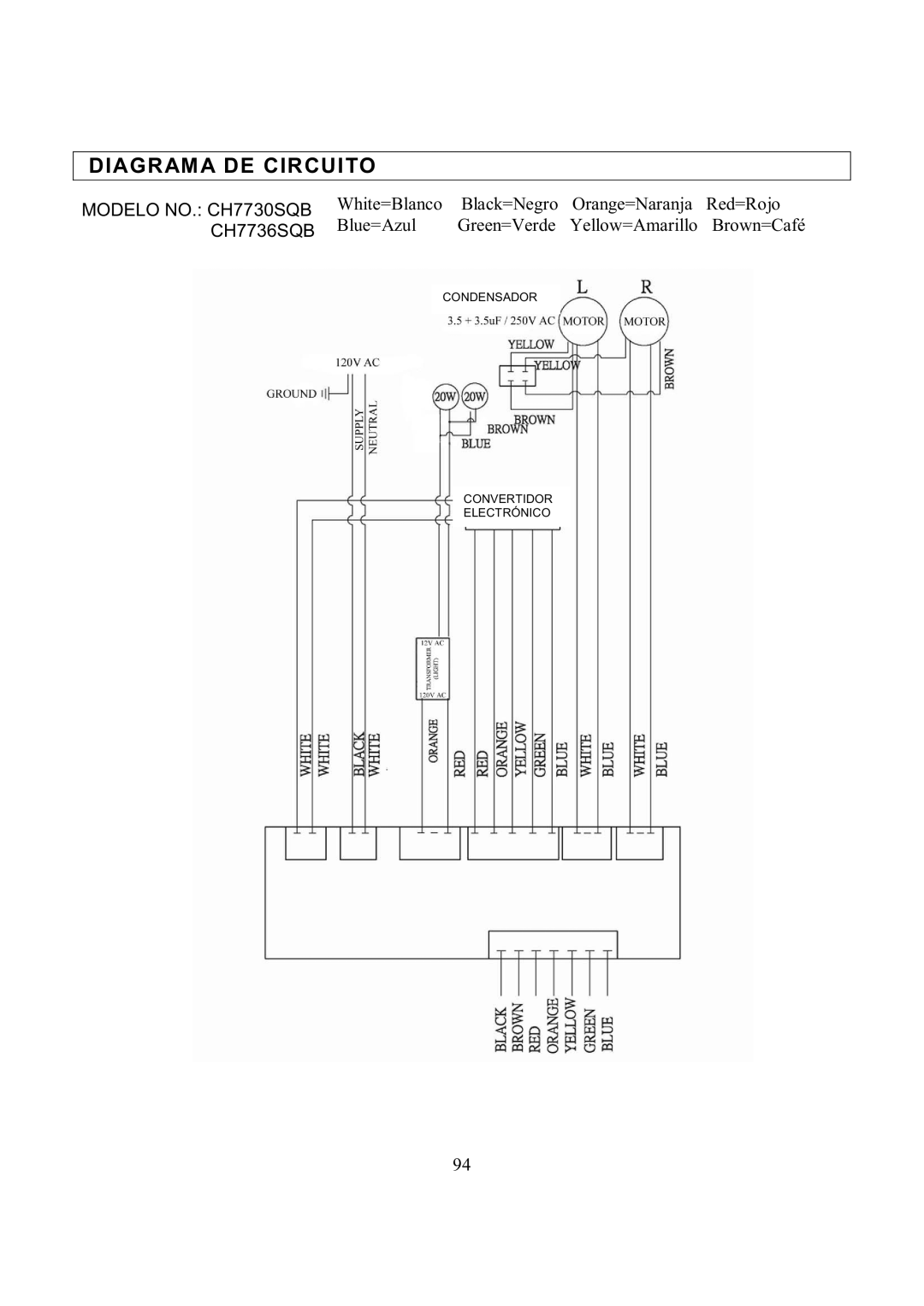 Kobe Range Hoods CH7748SQB, CH7742SQB, CH7730SQB, CH7736SQB manual Diagrama DE Circuito 