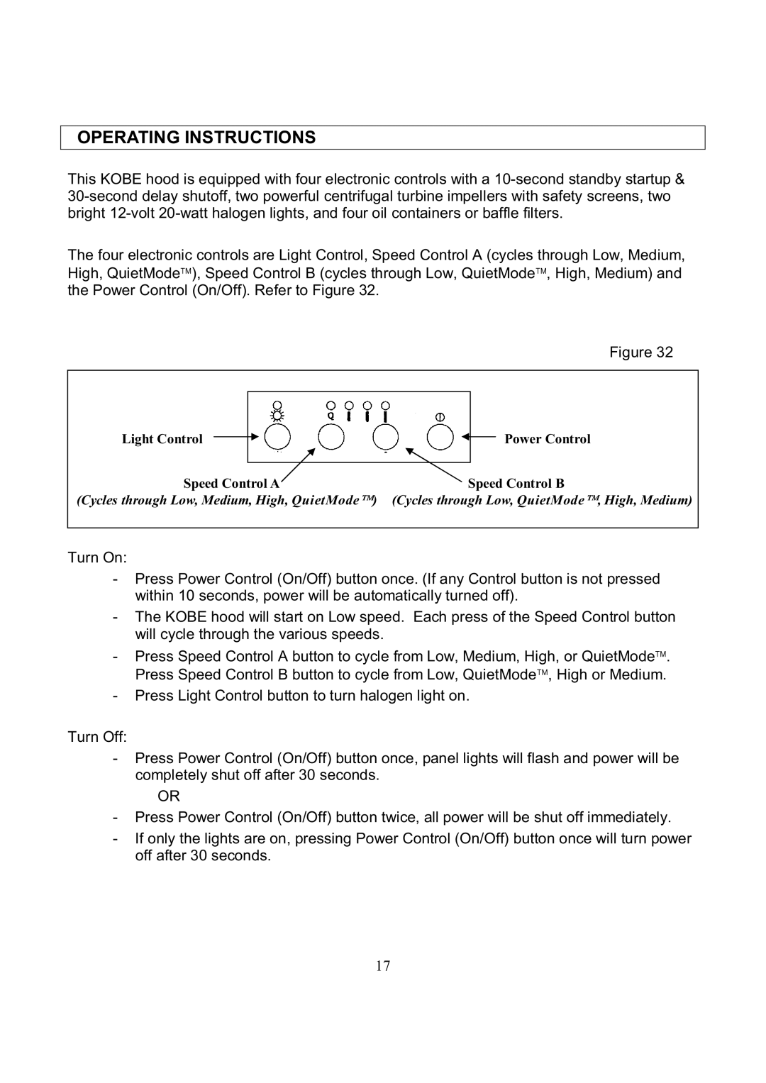 Kobe Range Hoods CH7736SQB, CH7742SQB, CH7748SQB, CH7730SQB manual Operating Instructions 