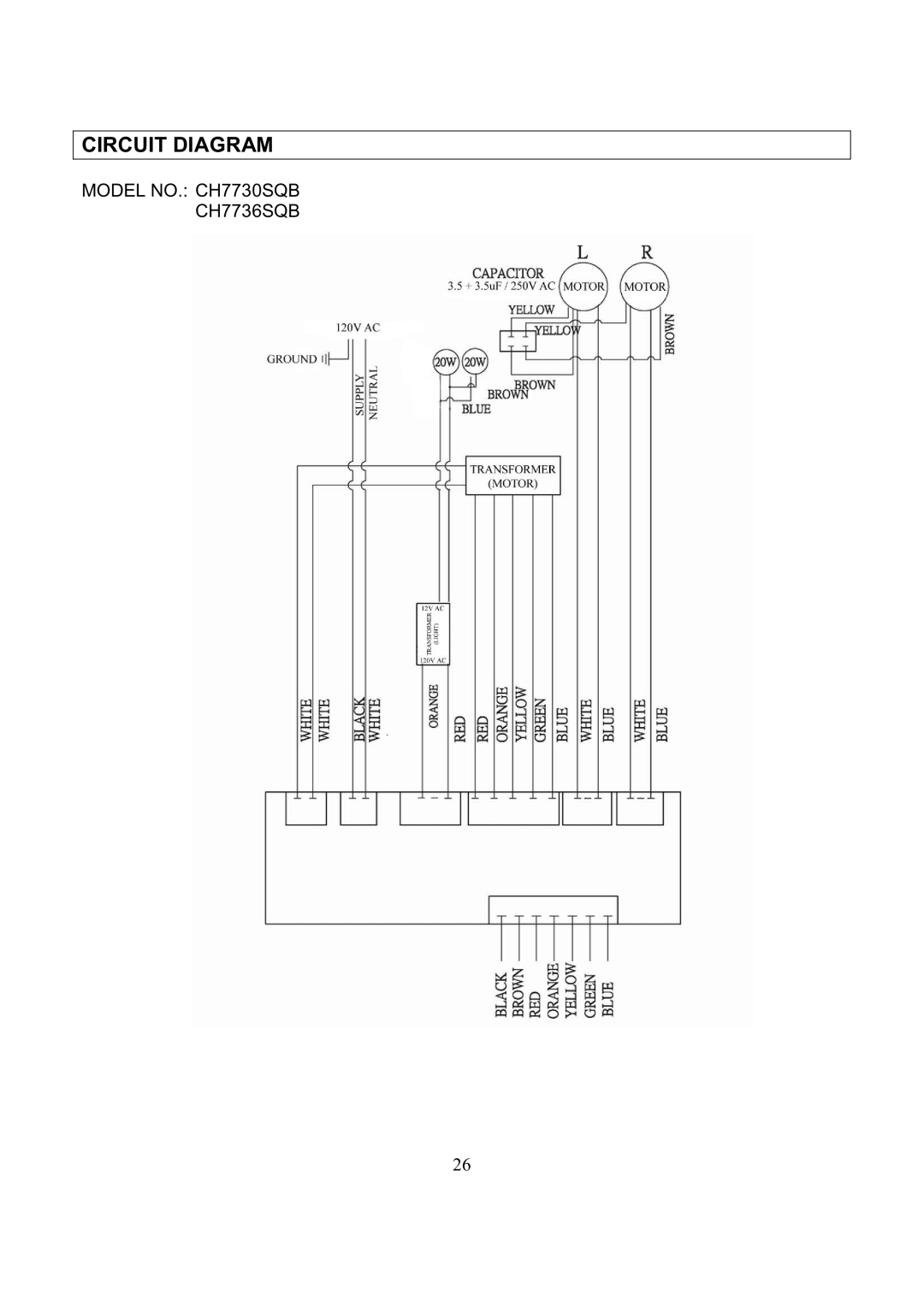 Kobe Range Hoods CH7742SQB, CH7748SQB, CH7730SQB, CH7736SQB manual Circuit Diagram 